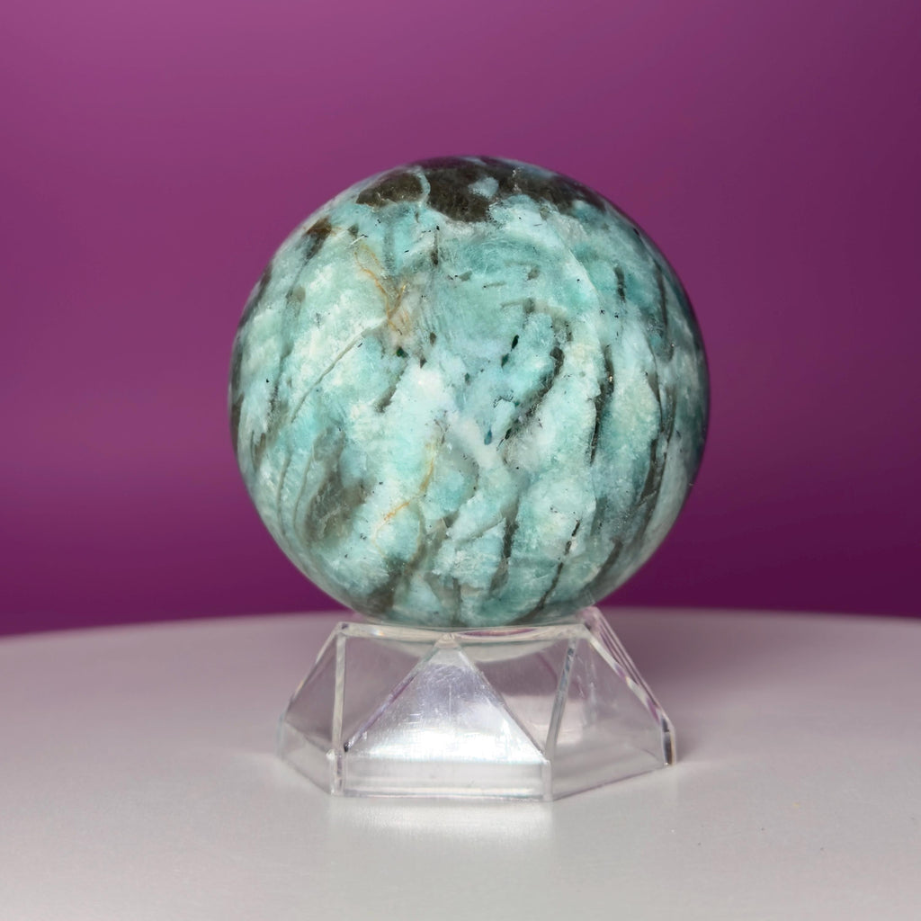 Amazonite & Smoky Quartz Sphere with Acrylic Stand – 66mm Collector Crystal