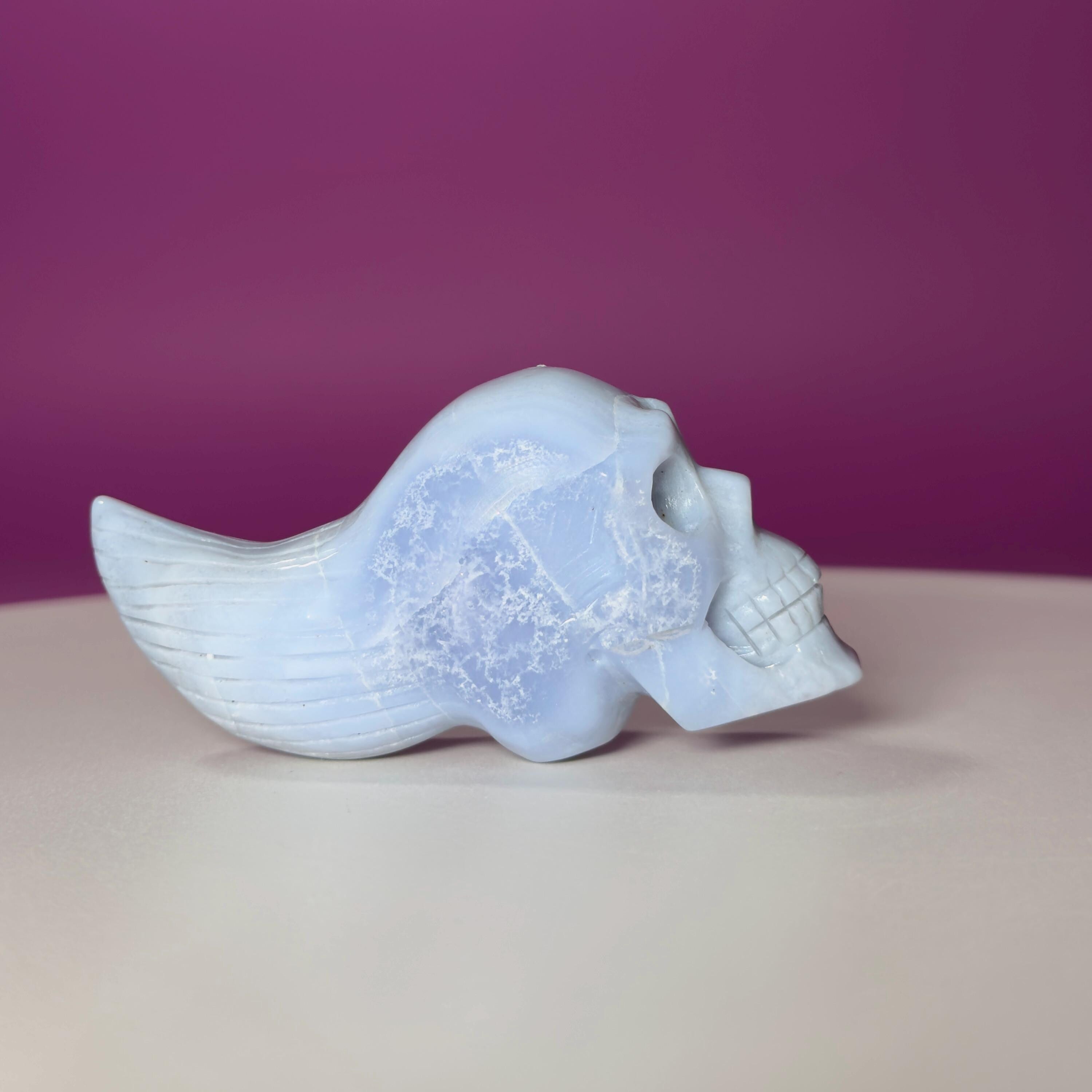 Blue Lace Agate Traveler Skull Carving | Crystal Skull | Collector Display