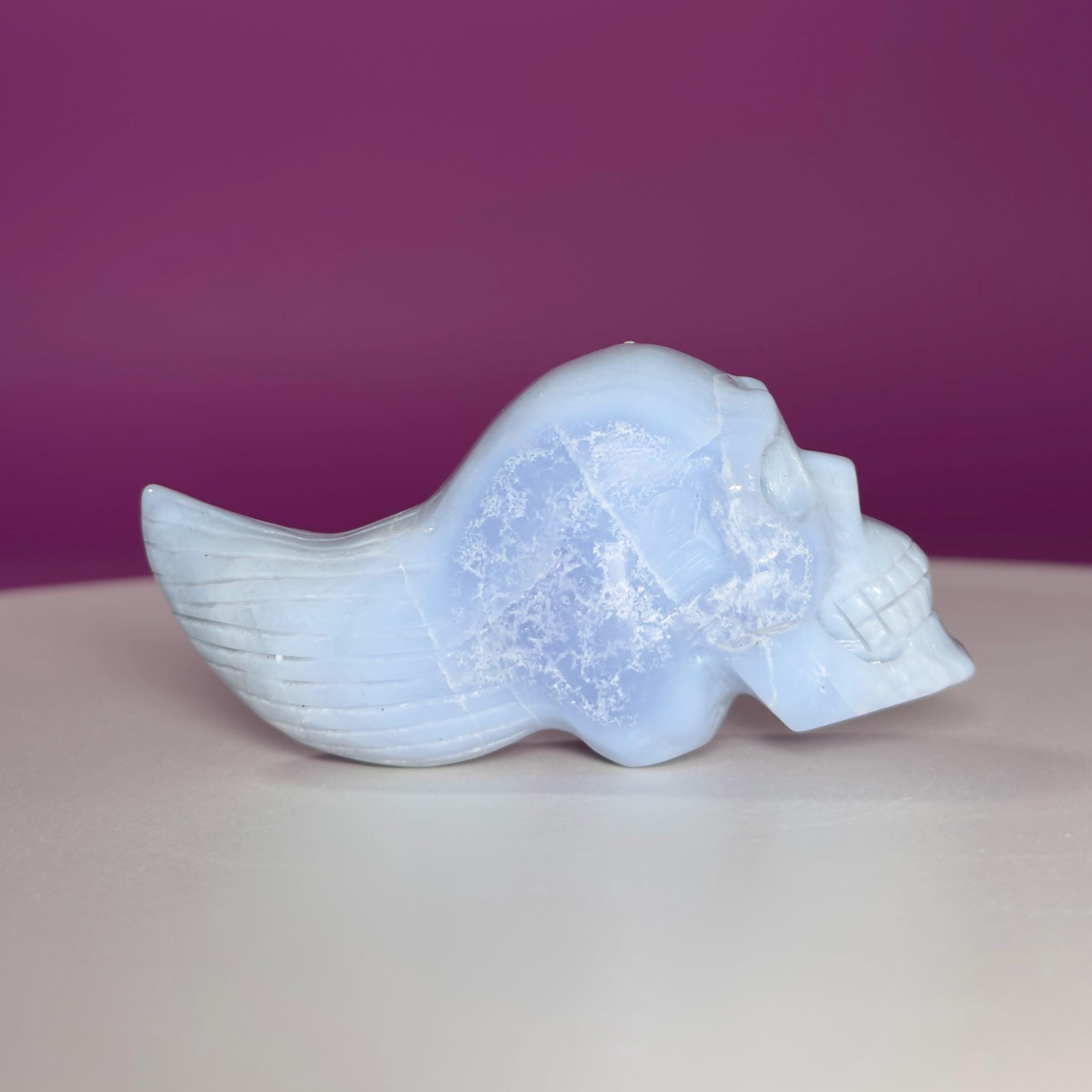 Blue Lace Agate Traveler Skull Carving | Crystal Skull | Collector Display