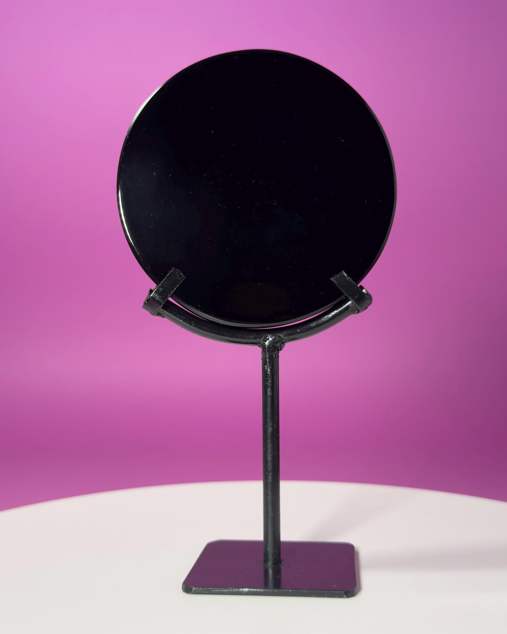 Black Obsidian Scrying Mirror with Black Metal Display Stand