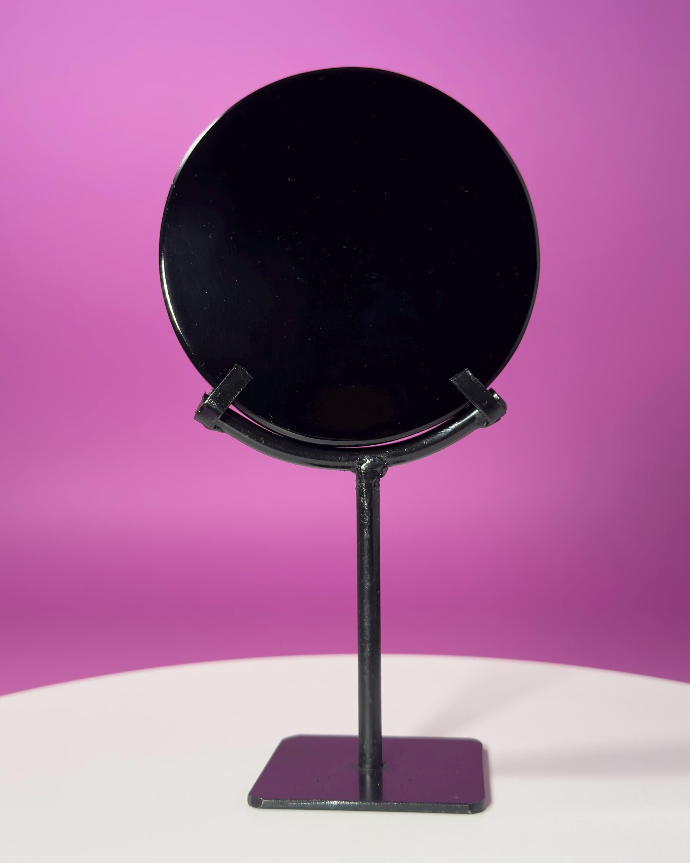 Black Obsidian Scrying Mirror with Black Metal Display Stand