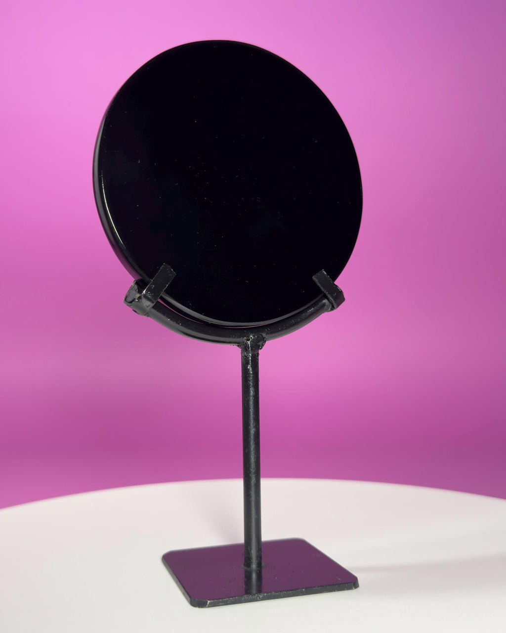 Black Obsidian Scrying Mirror with Black Metal Display Stand