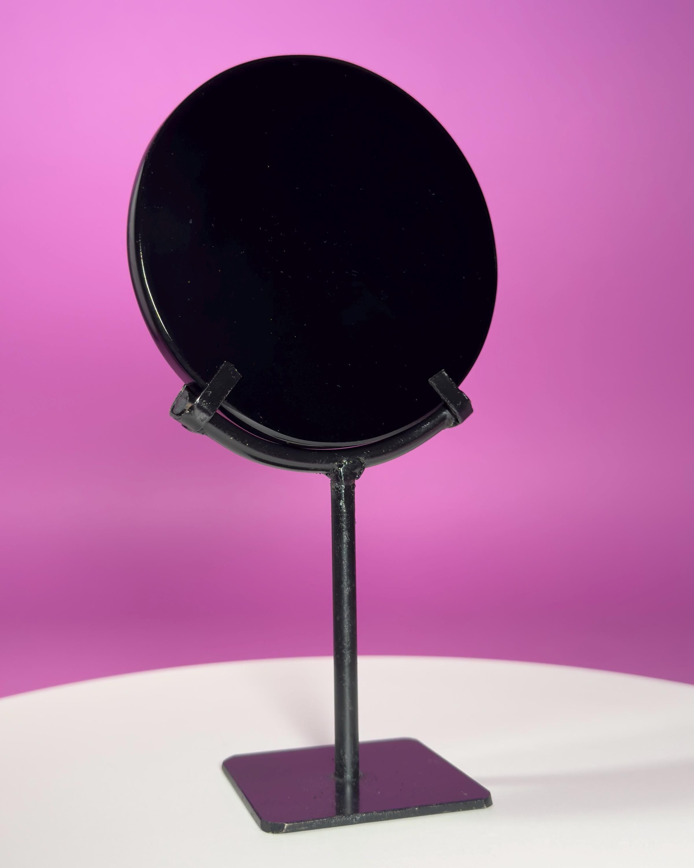 Black Obsidian Scrying Mirror with Black Metal Display Stand