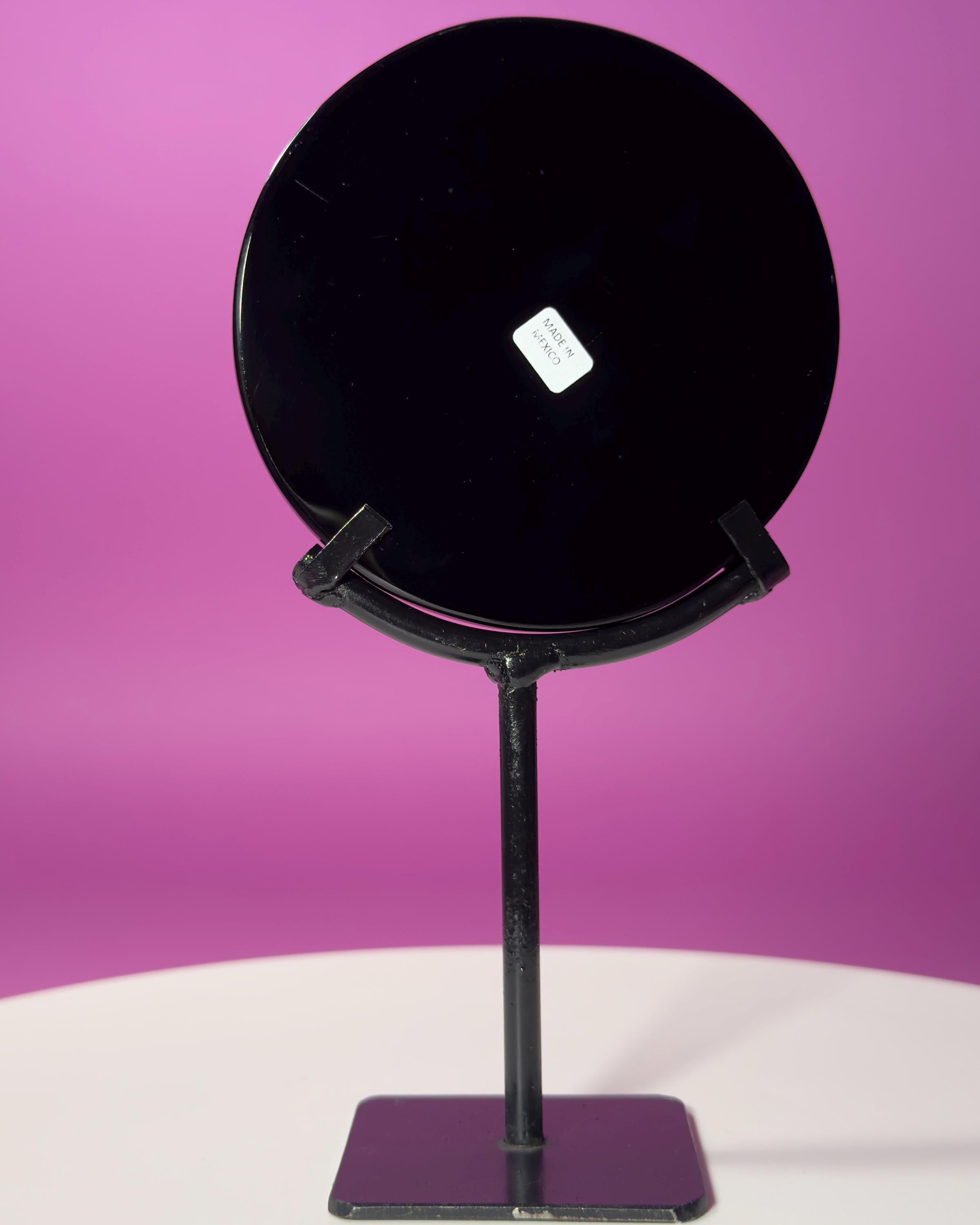 Black Obsidian Scrying Mirror with Black Metal Display Stand