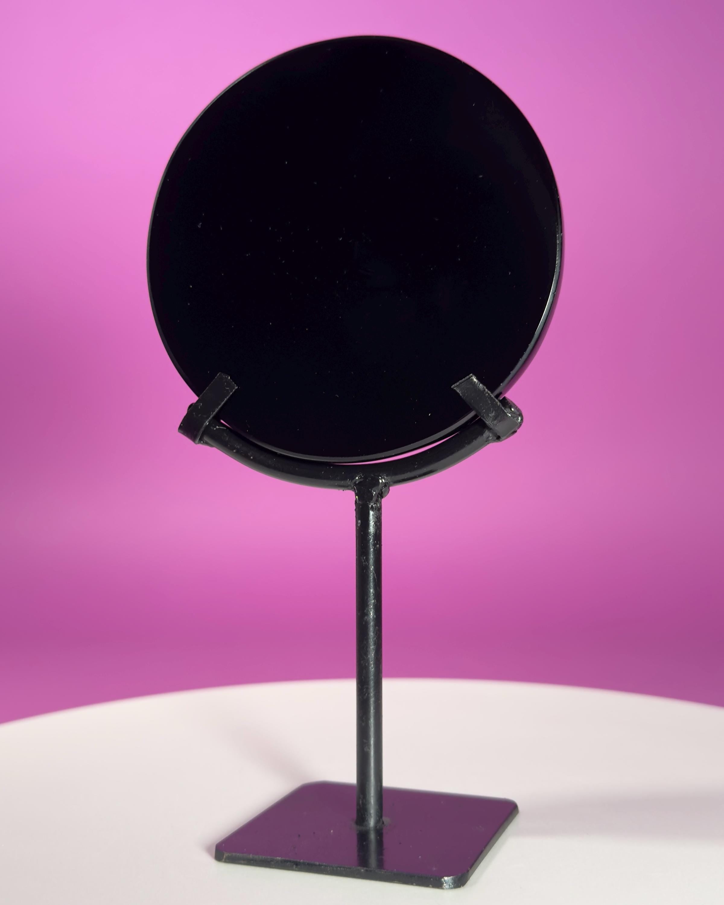 Black Obsidian Scrying Mirror with Black Metal Display Stand