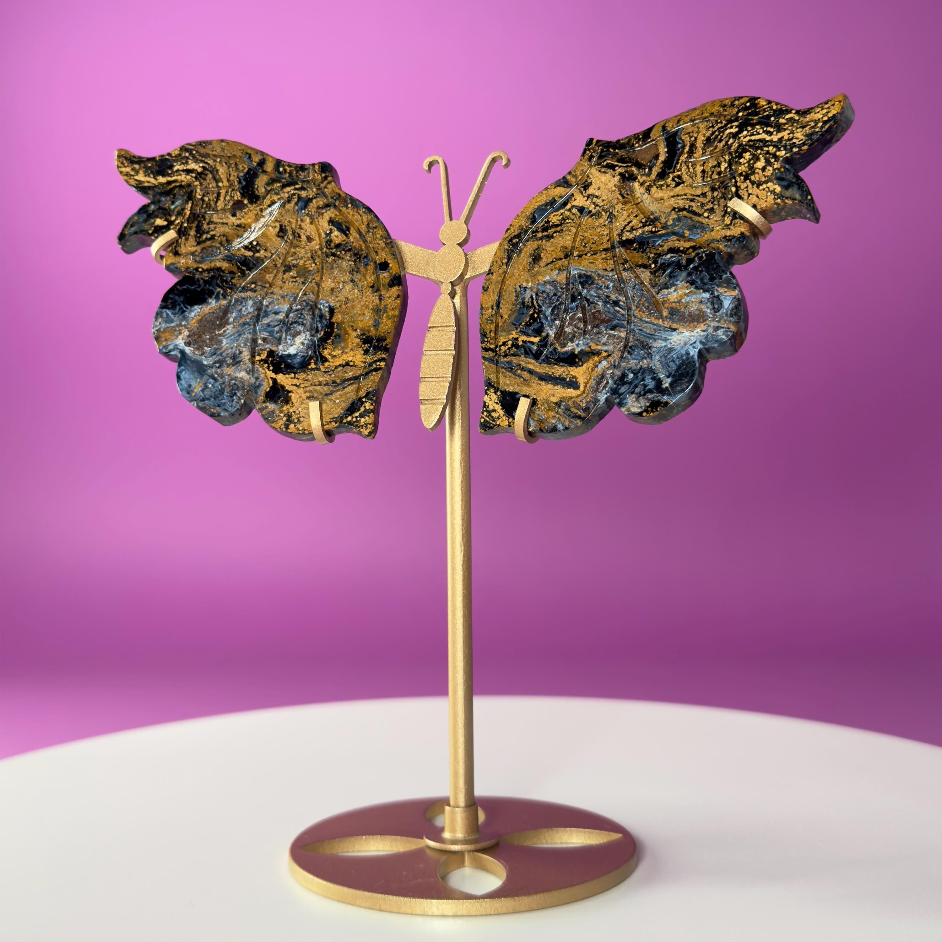 Namibian Pietersite Butterfly with Gold Metal Display Stand