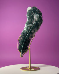 Large Moss Agate Feather on Gold Display Stand | Collector Crystal Décor