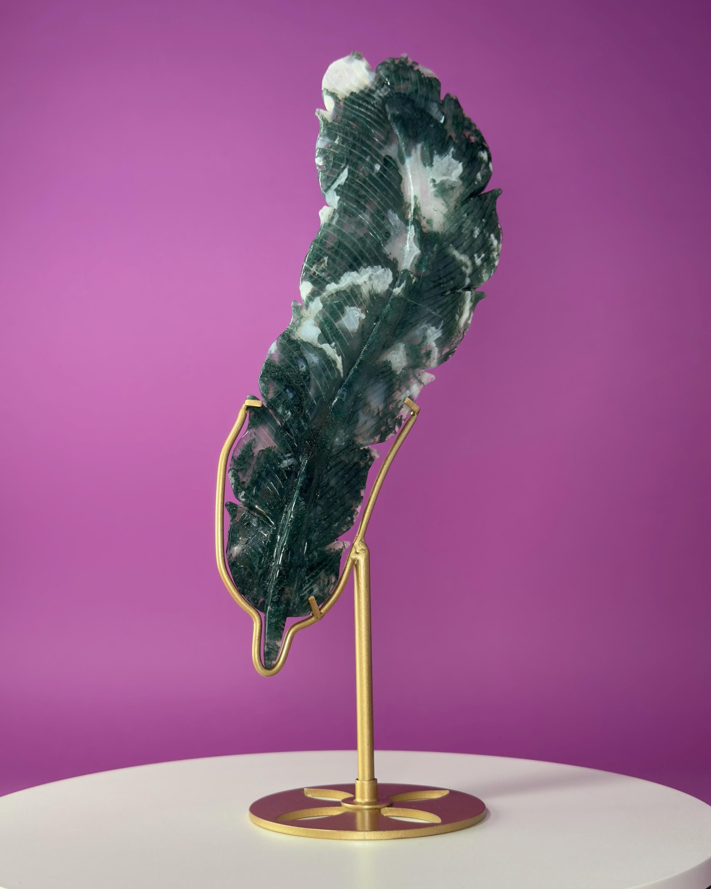Large Moss Agate Feather on Gold Display Stand | Collector Crystal Décor