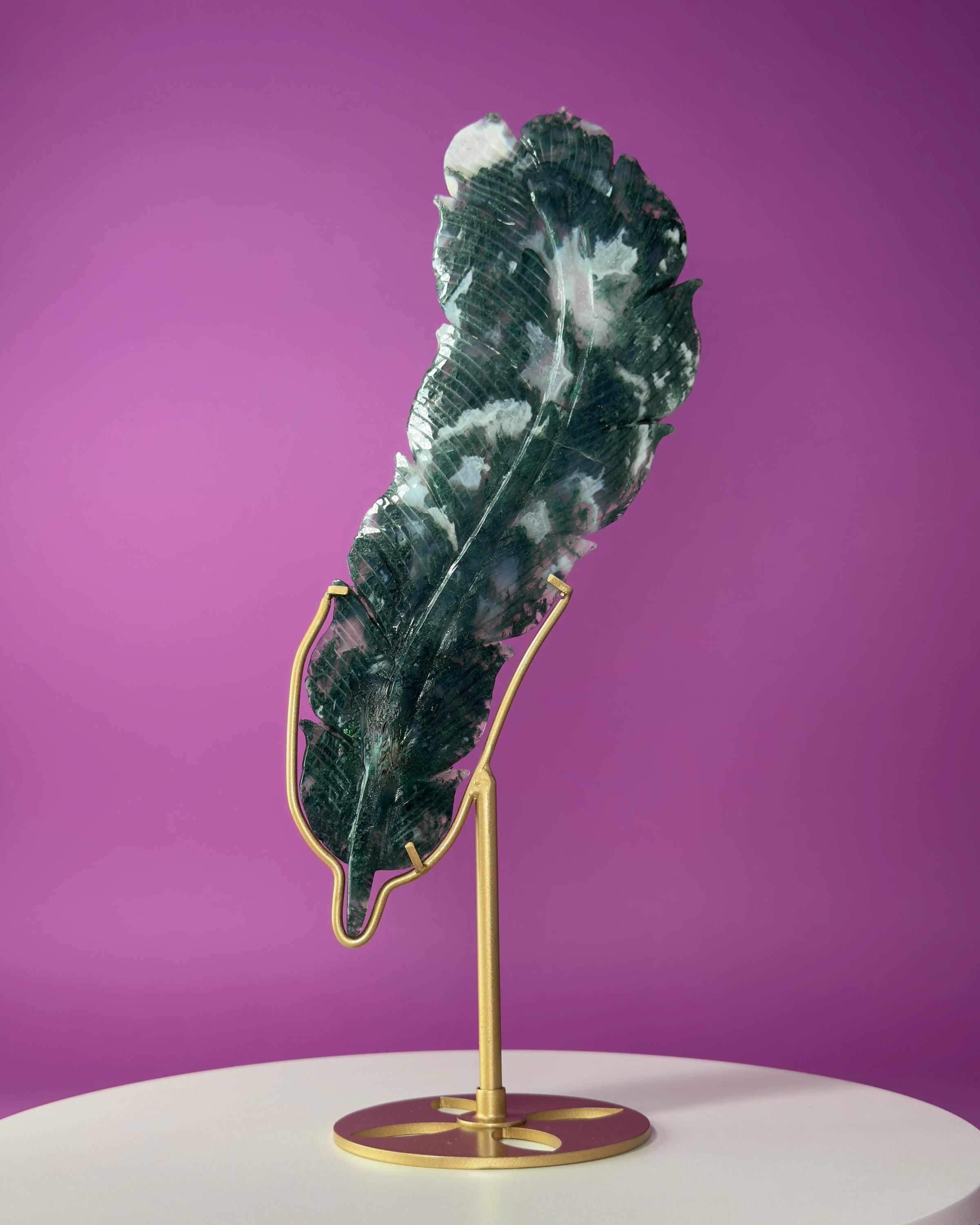 Large Moss Agate Feather on Gold Display Stand | Collector Crystal Décor