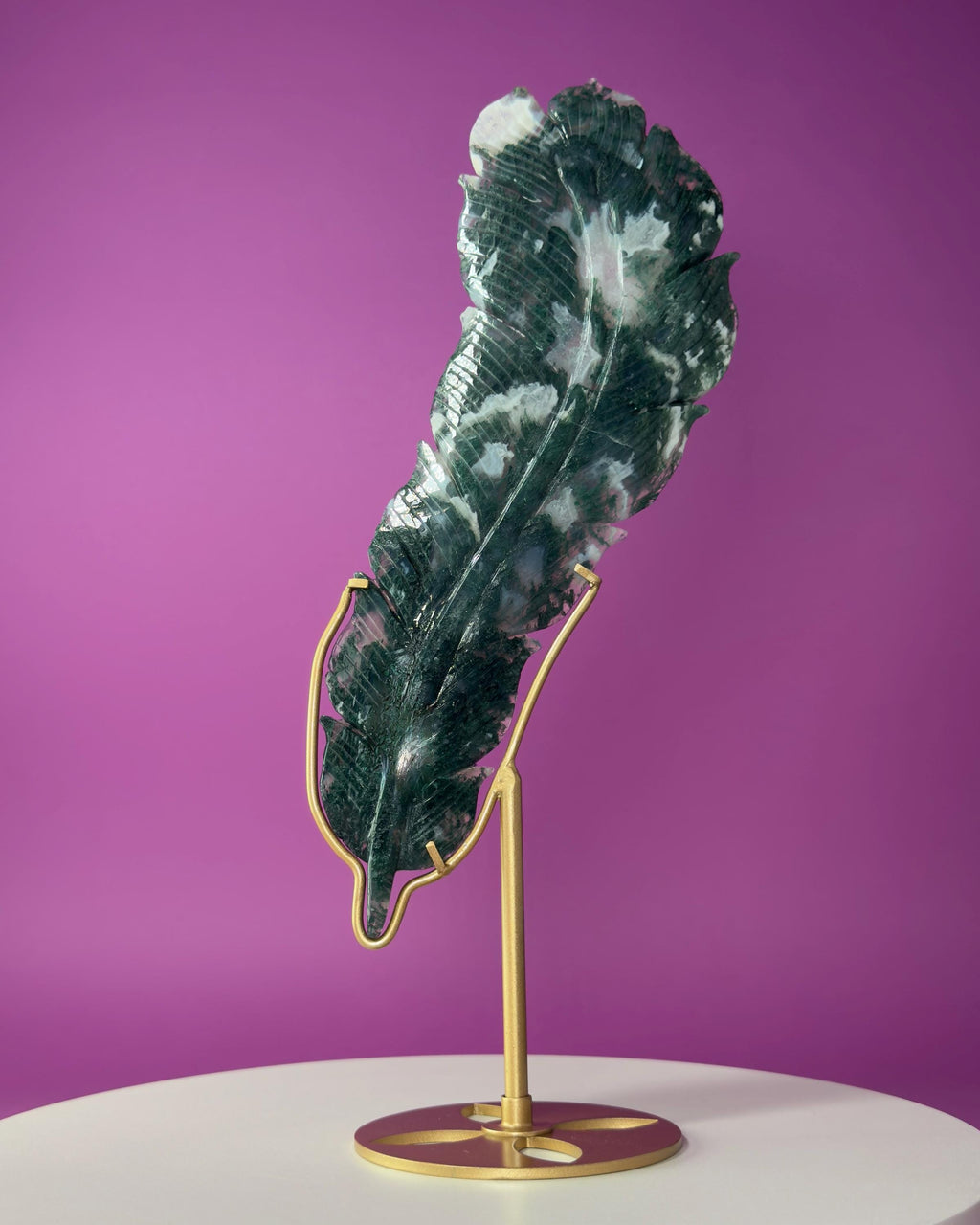 Large Moss Agate Feather on Gold Display Stand | Collector Crystal Décor