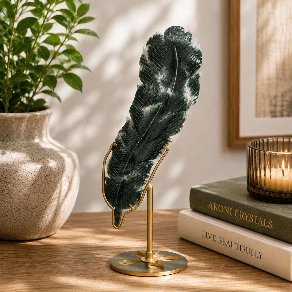 Large Moss Agate Feather on Gold Display Stand | Collector Crystal Décor