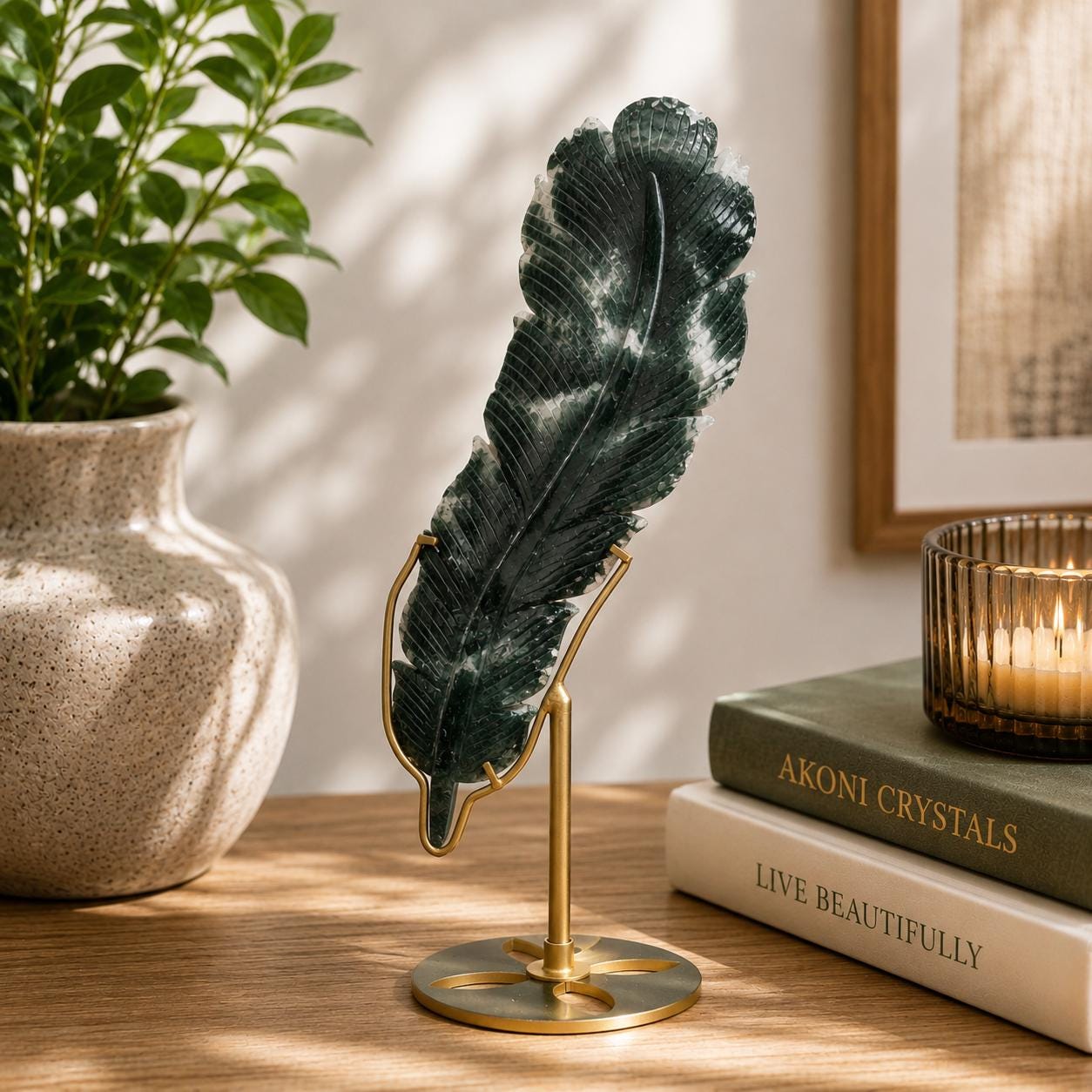 Large Moss Agate Feather on Gold Display Stand | Collector Crystal Décor