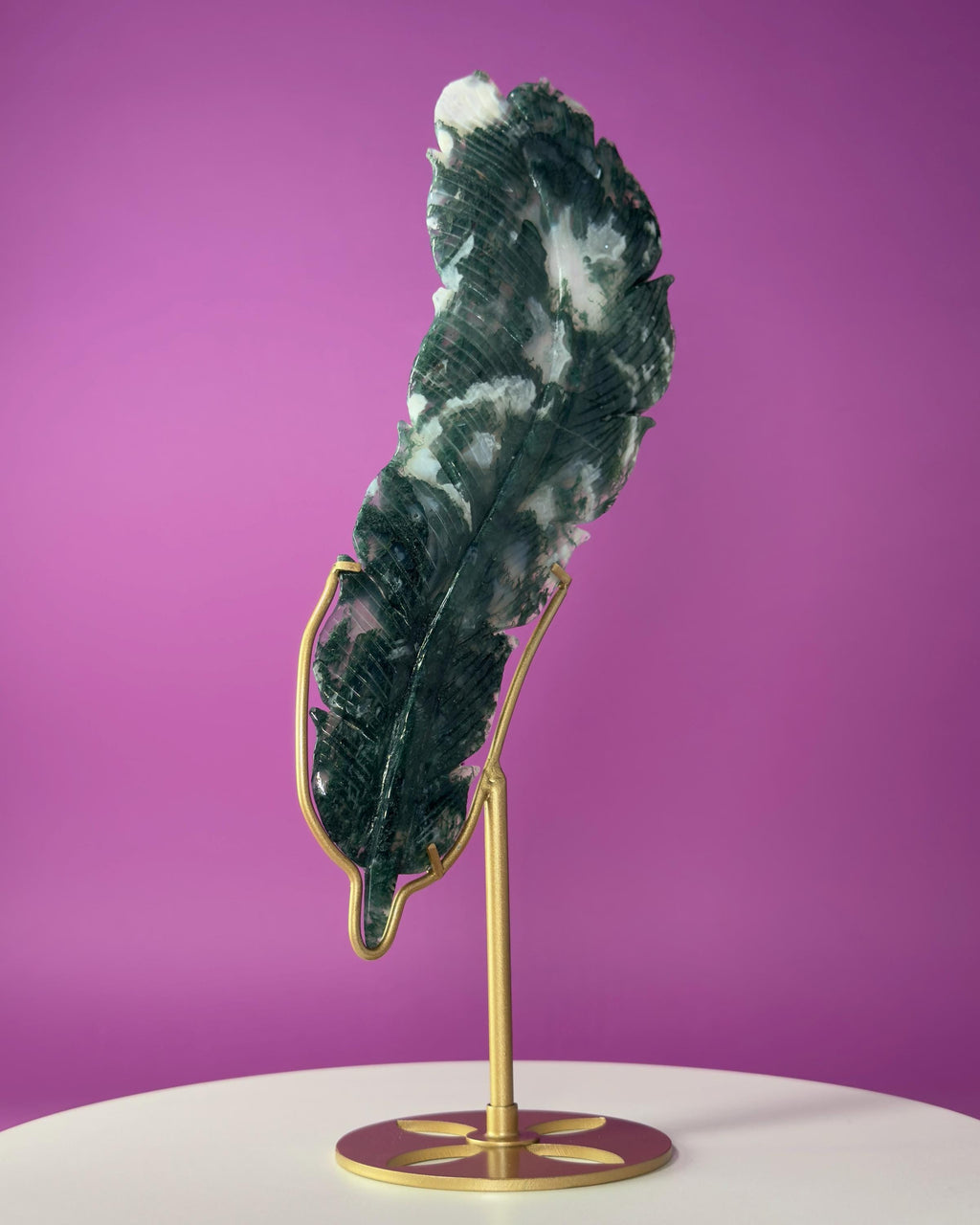 Large Moss Agate Feather on Gold Display Stand | Collector Crystal Décor