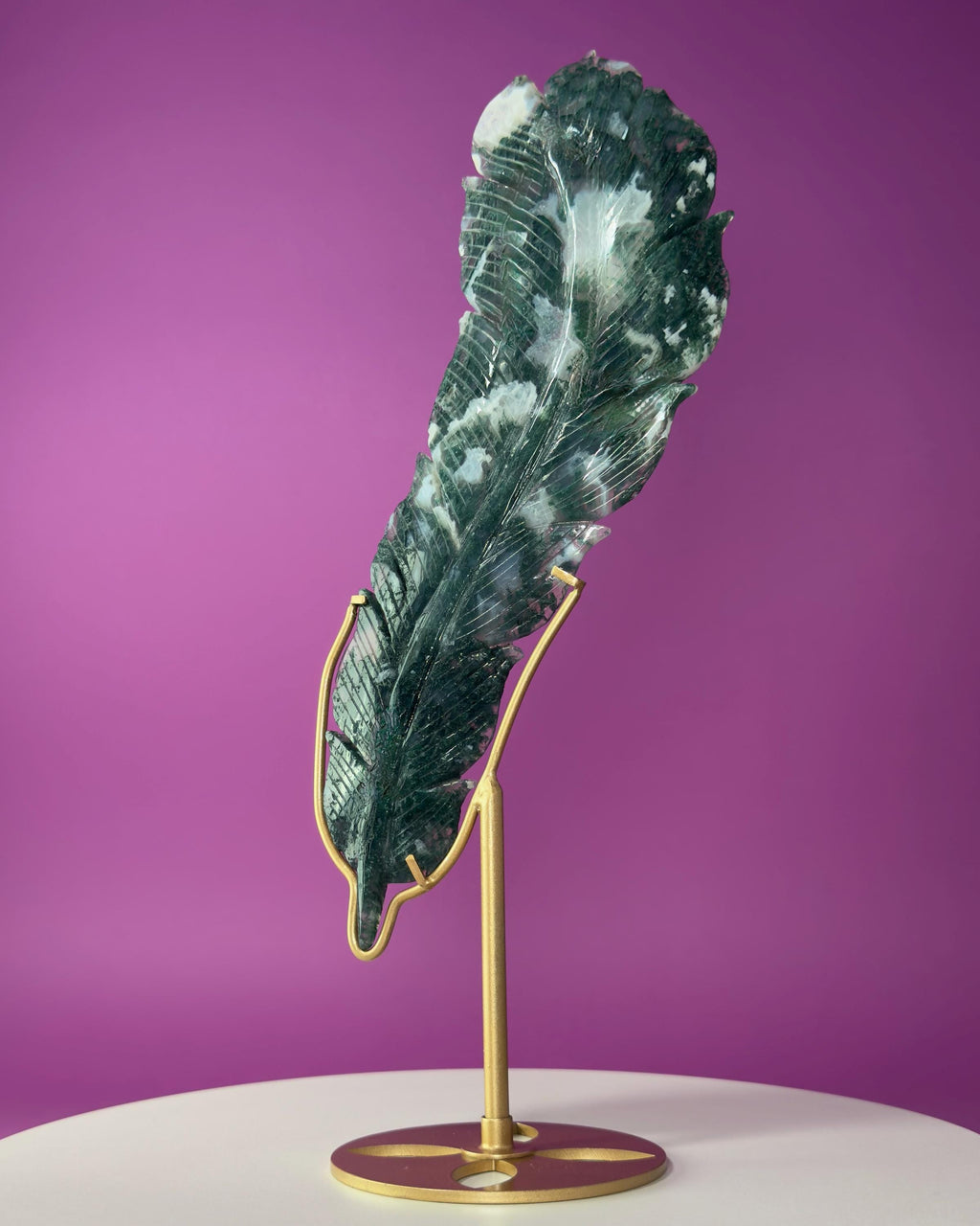 Large Moss Agate Feather on Gold Display Stand | Collector Crystal Décor
