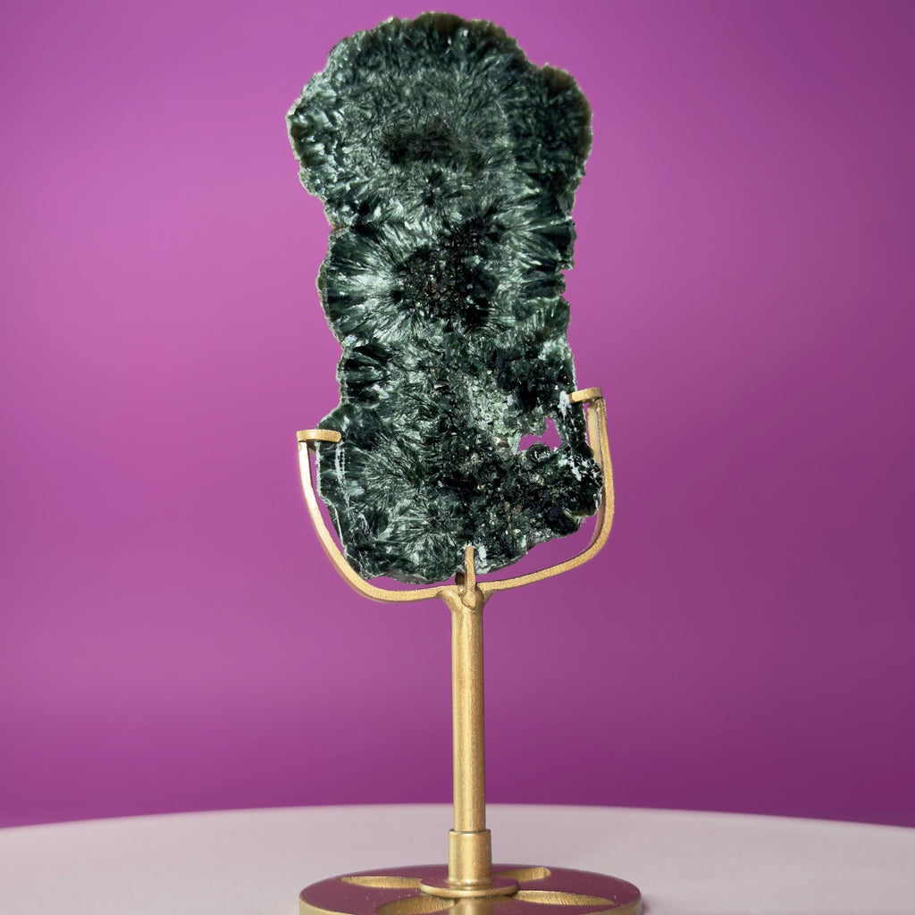 Russian Seraphinite Slab on Gold Stand | Natural Chatoyant Crystal Display