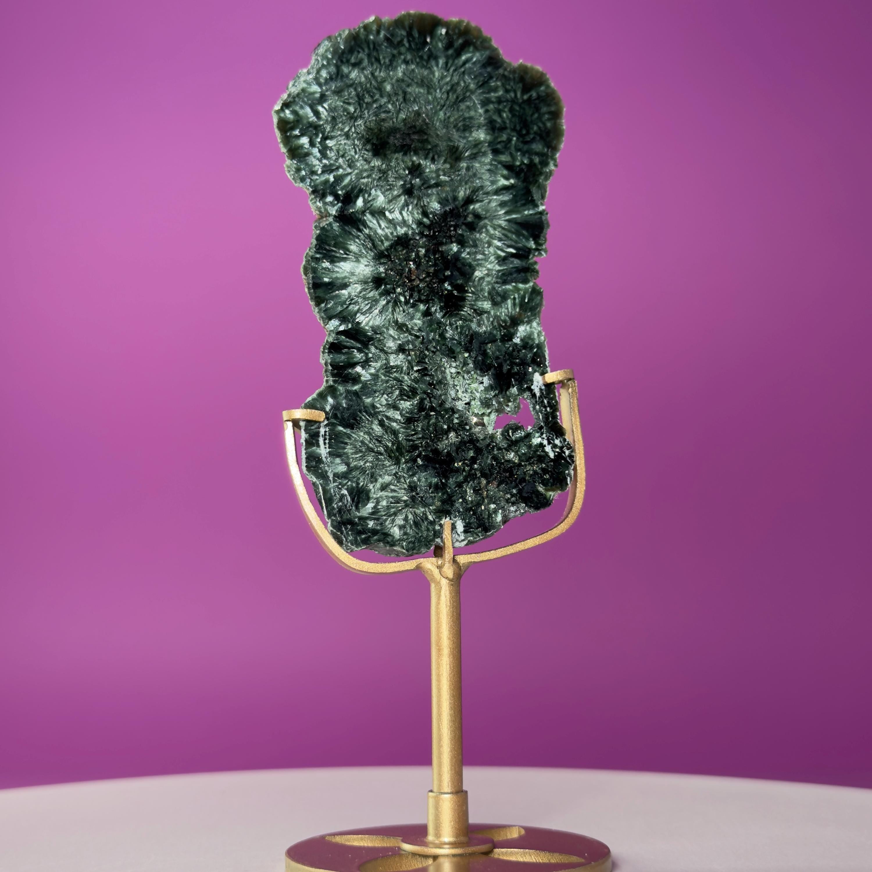 Russian Seraphinite Slab on Gold Stand | Natural Chatoyant Crystal Display