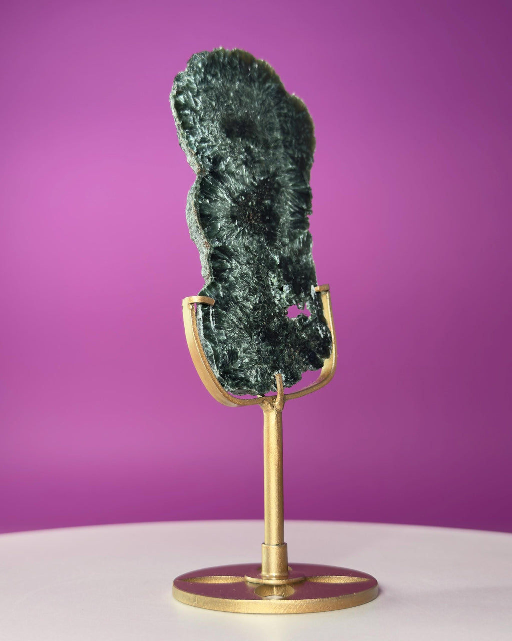 Russian Seraphinite Slab on Gold Stand | Natural Chatoyant Crystal Display