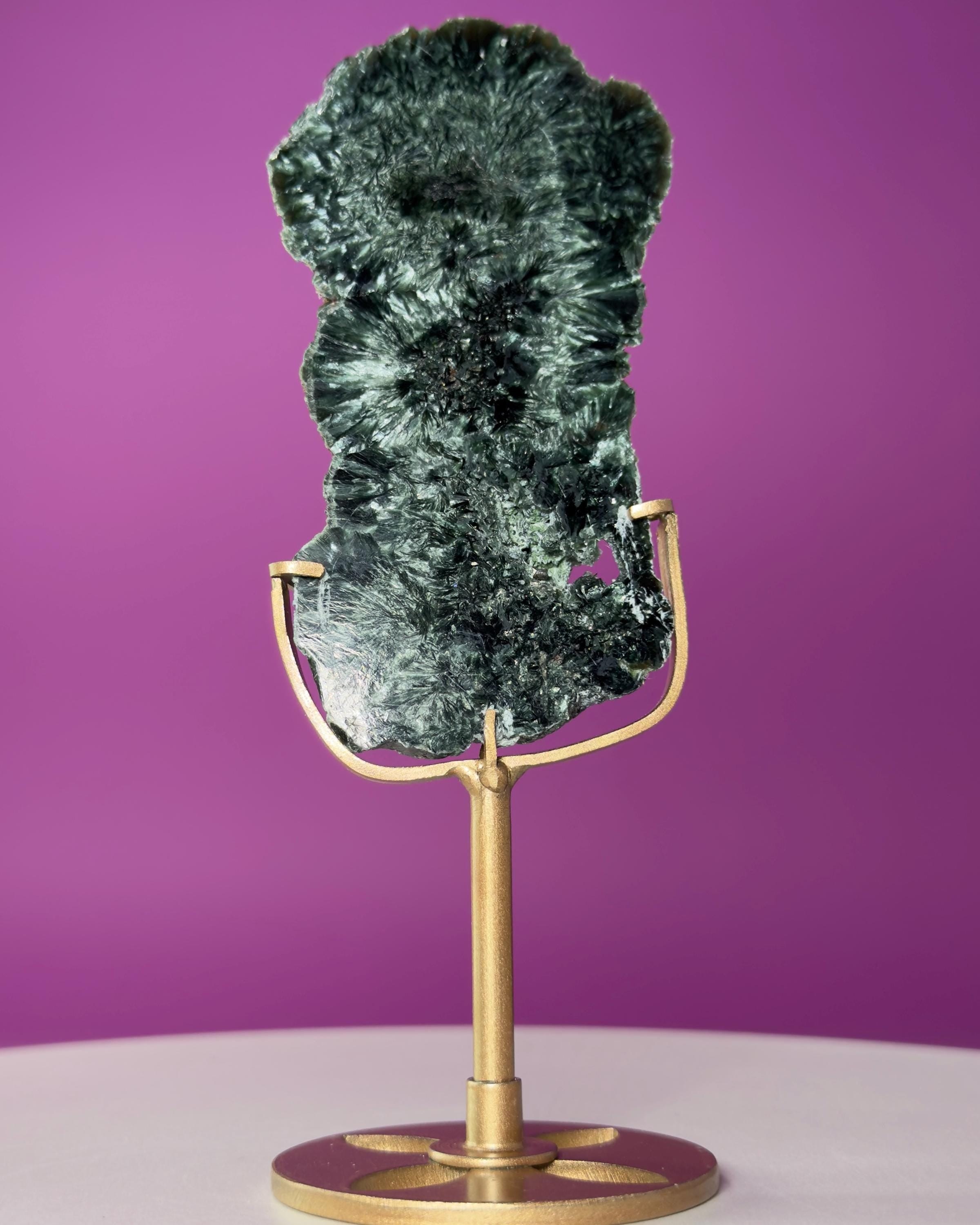Russian Seraphinite Slab on Gold Stand | Natural Chatoyant Crystal Display
