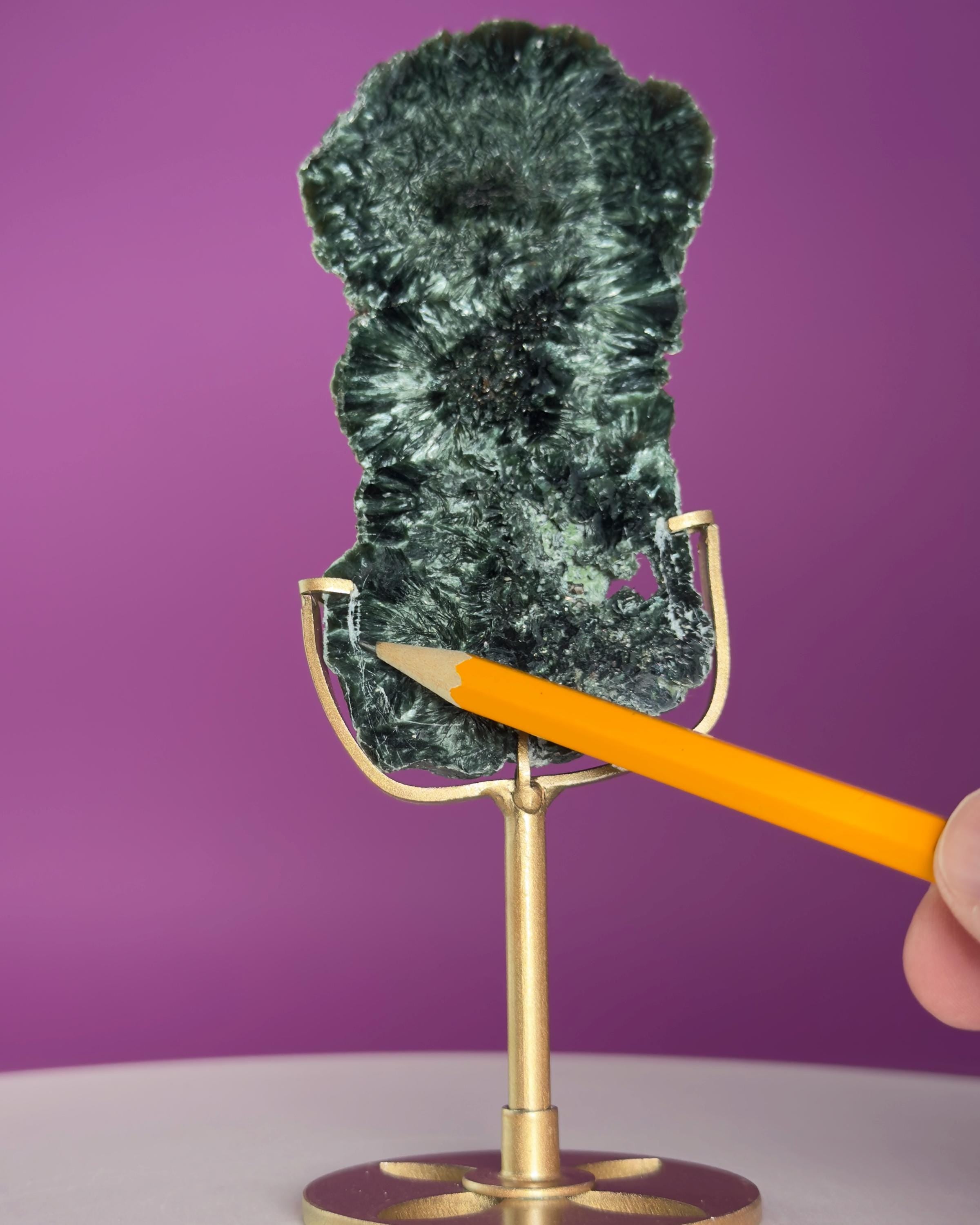 Russian Seraphinite Slab on Gold Stand | Natural Chatoyant Crystal Display