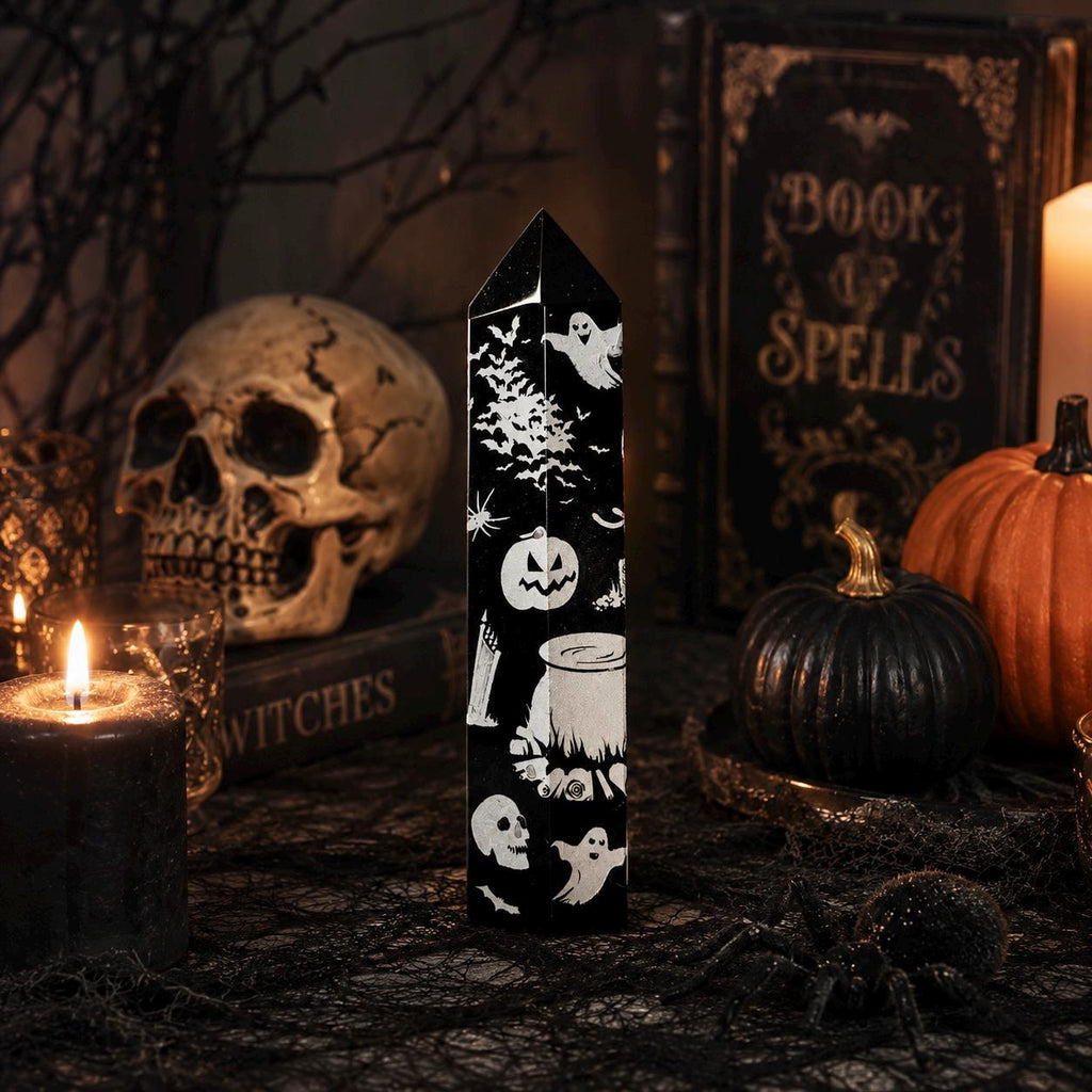 Black Obsidian Halloween Tower with Colorful Spooky Graphics