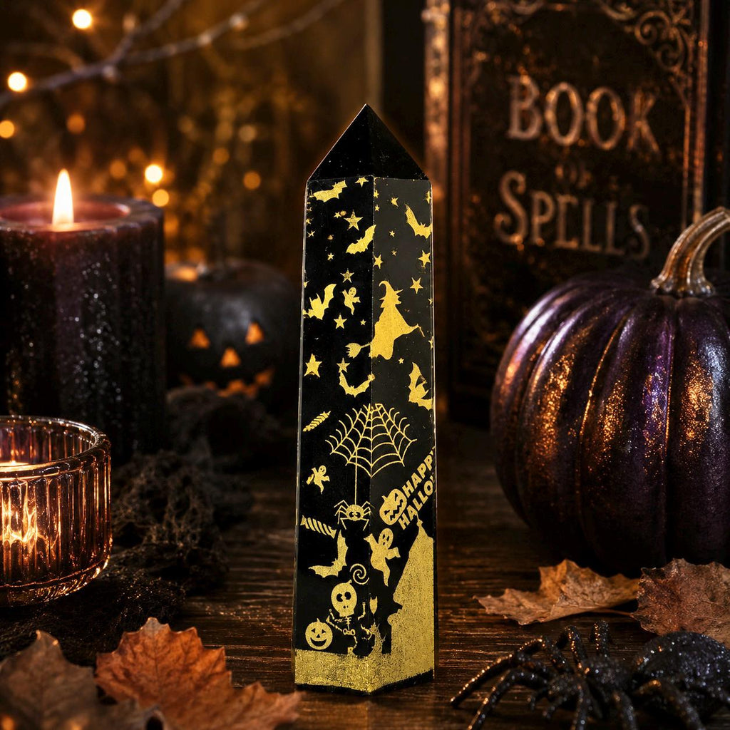 Black Obsidian Halloween Tower with Colorful Spooky Graphics