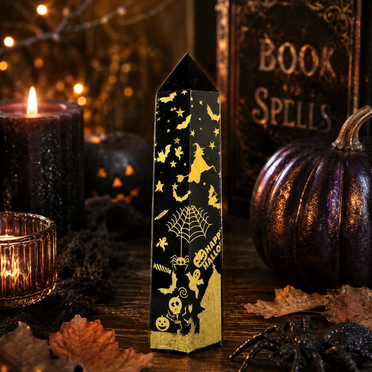 Black Obsidian Halloween Tower with Colorful Spooky Graphics