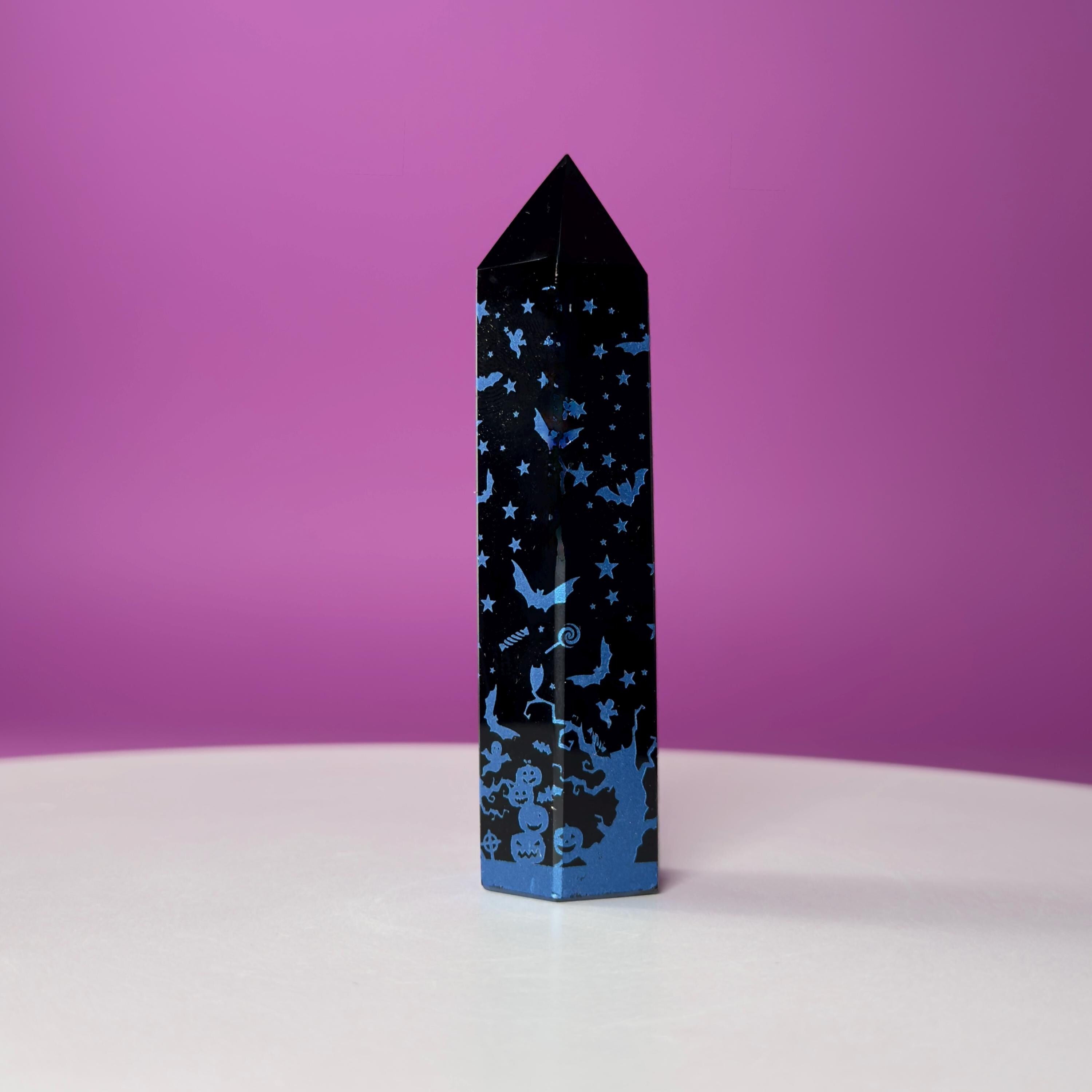 Black Obsidian Halloween Tower with Colorful Spooky Graphics