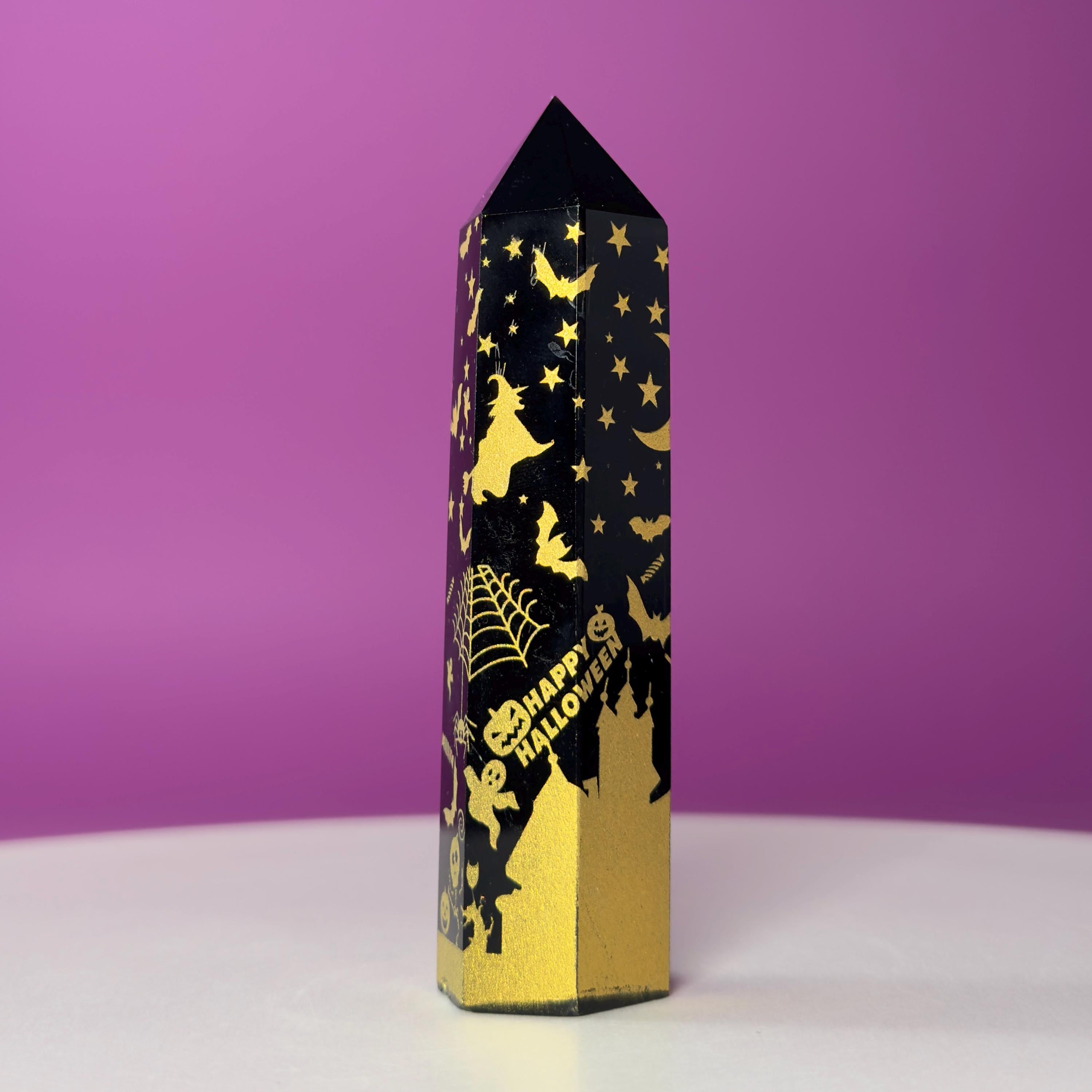 Black Obsidian Halloween Tower with Colorful Spooky Graphics