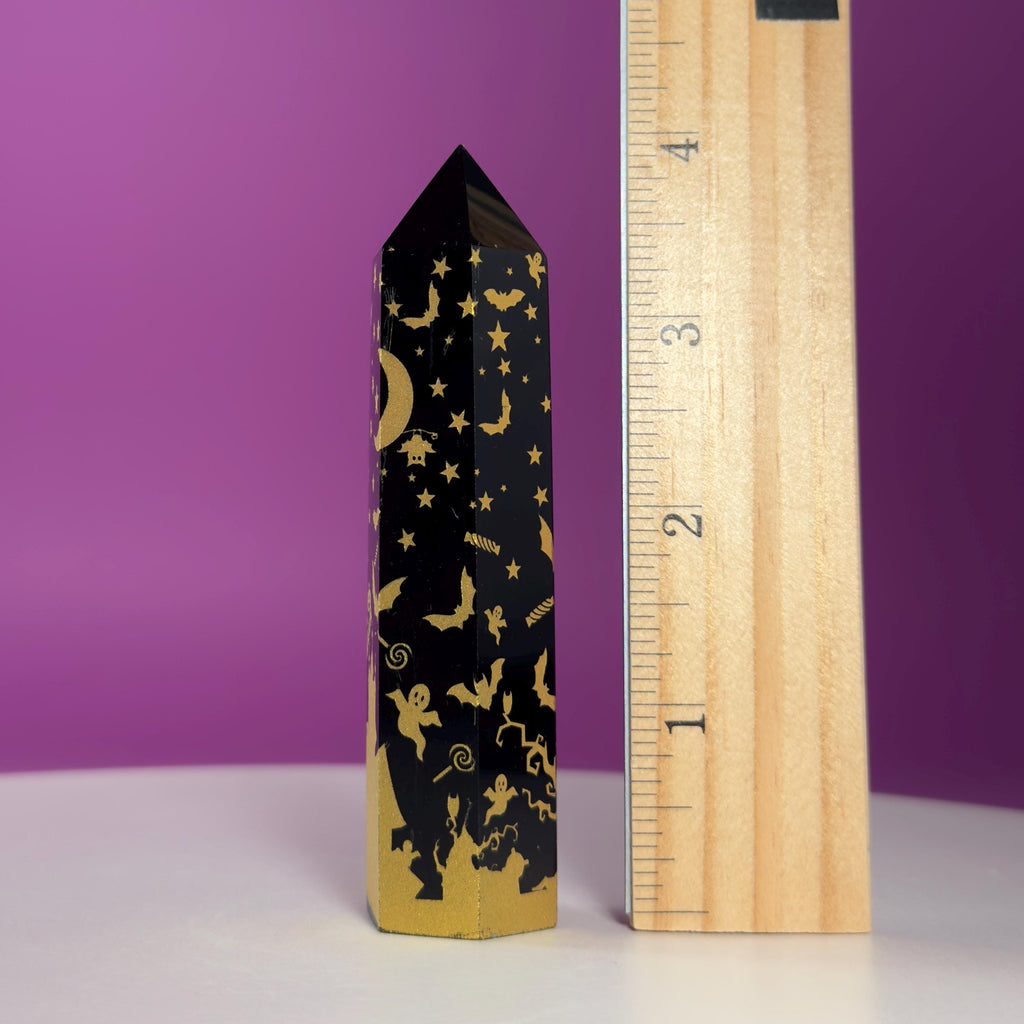 Black Obsidian Halloween Tower with Colorful Spooky Graphics