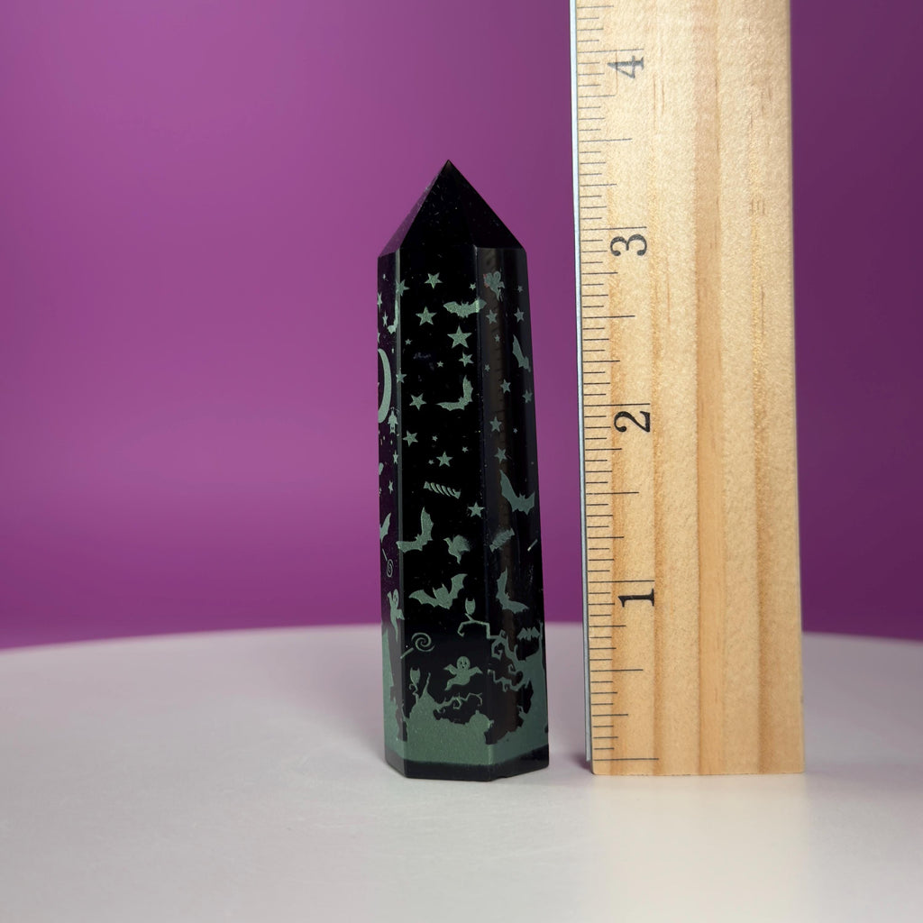 Black Obsidian Halloween Tower with Colorful Spooky Graphics