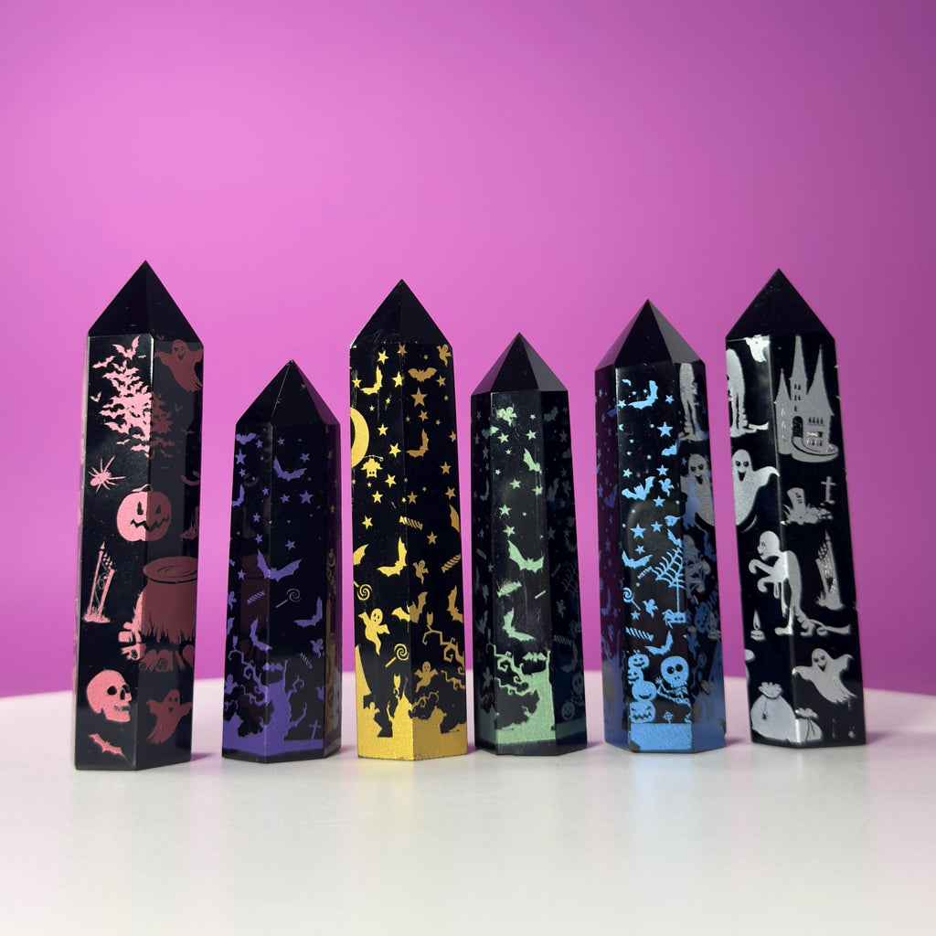 Black Obsidian Halloween Tower with Colorful Spooky Graphics