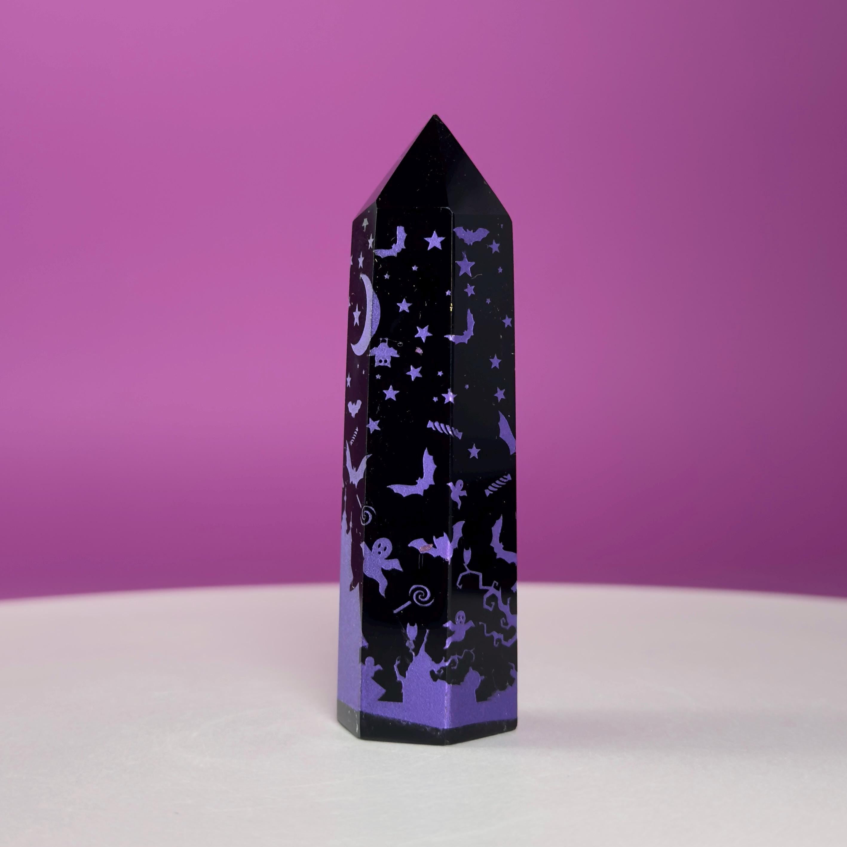 Black Obsidian Halloween Tower with Colorful Spooky Graphics