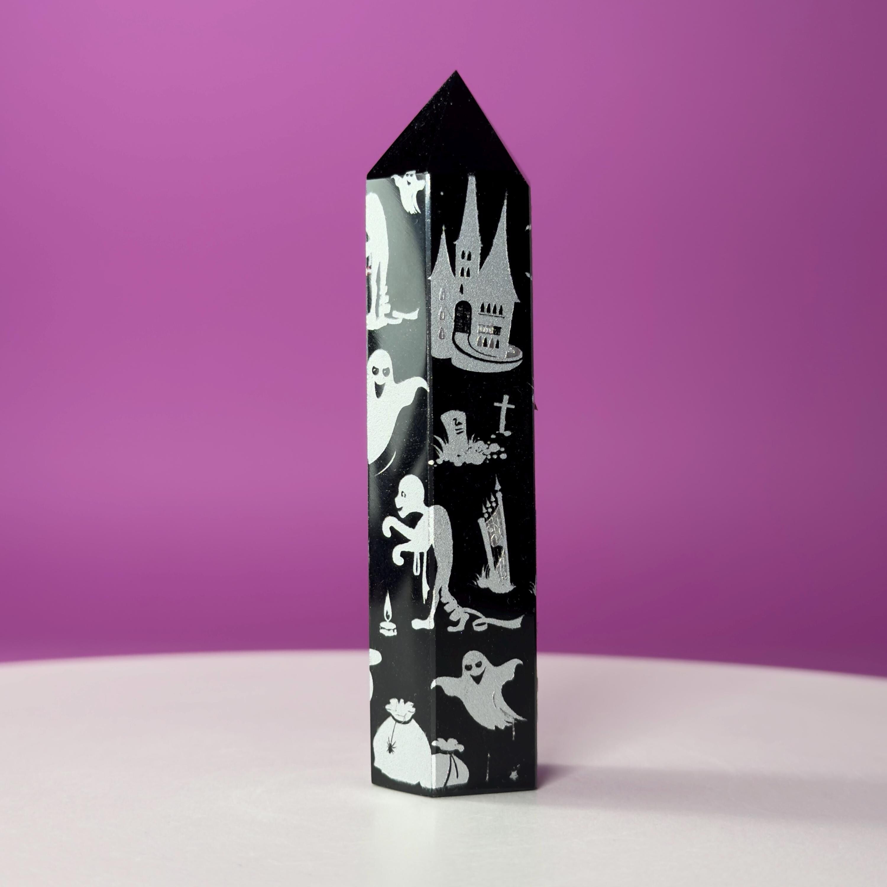 Black Obsidian Halloween Tower with Colorful Spooky Graphics