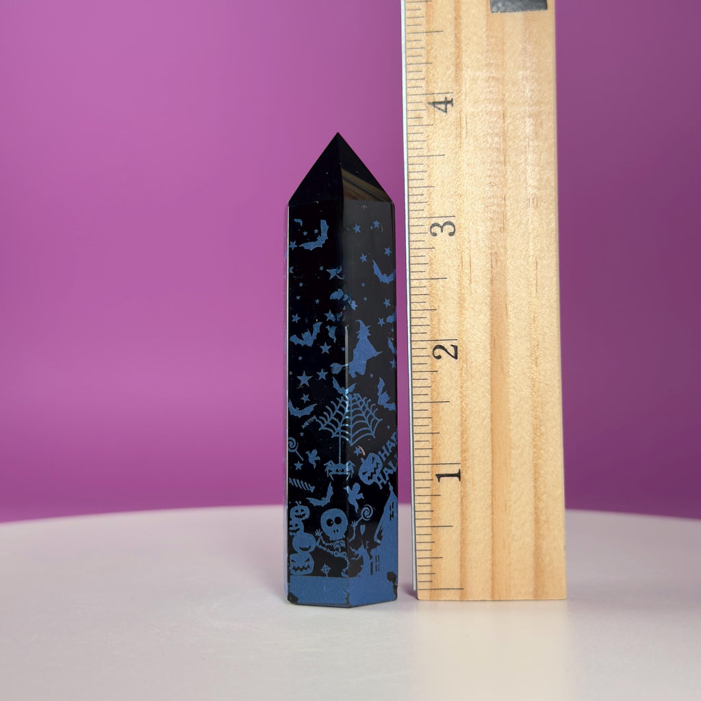 Black Obsidian Halloween Tower with Colorful Spooky Graphics