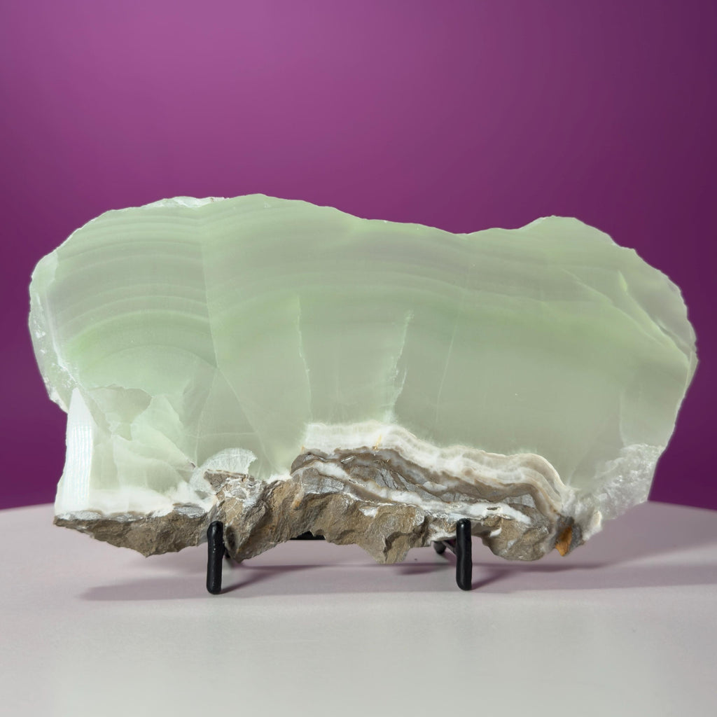 Green Calcite Slab from Mexico | UV Reactive Crystal Display | With Metal Stand