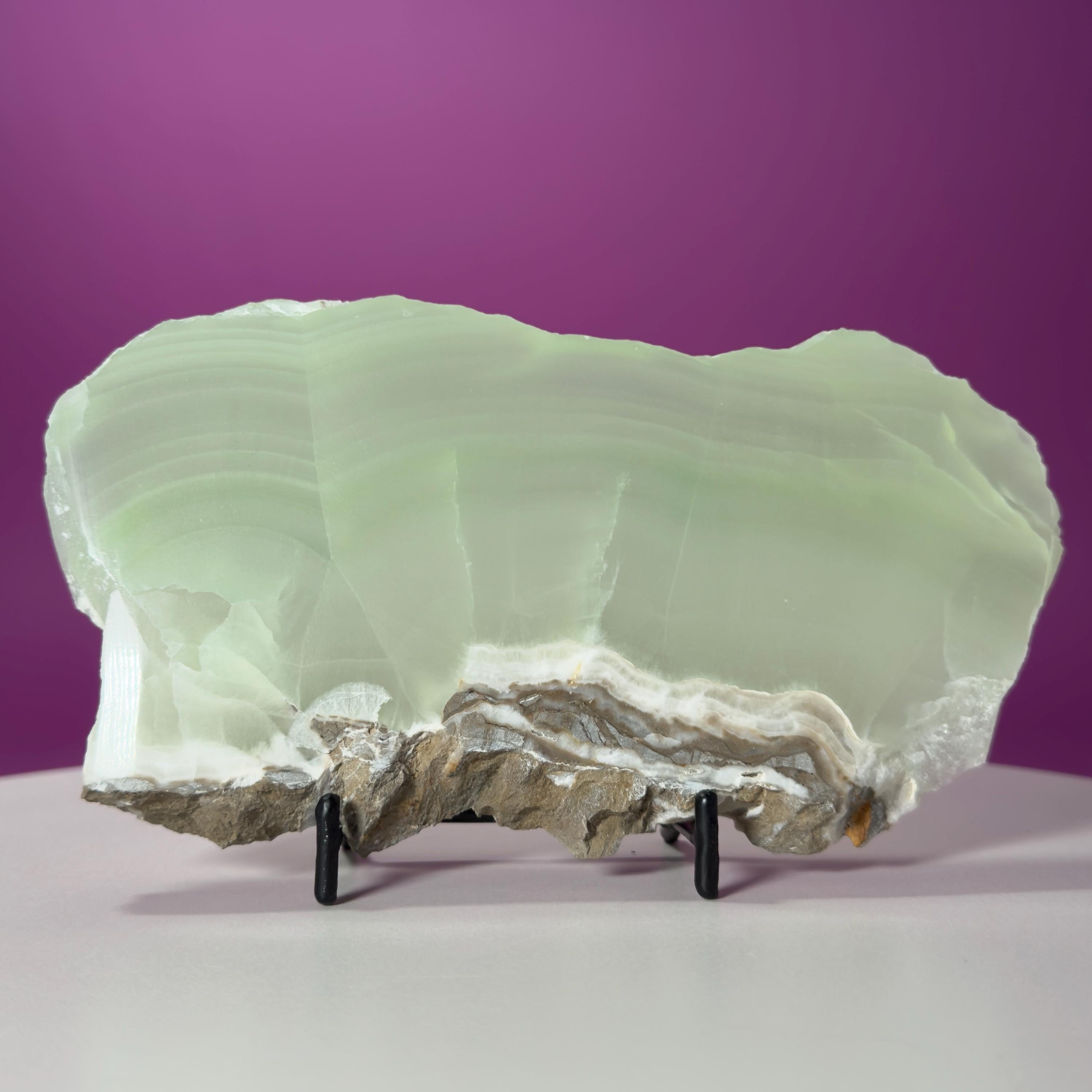 Green Calcite Slab from Mexico | UV Reactive Crystal Display | With Metal Stand