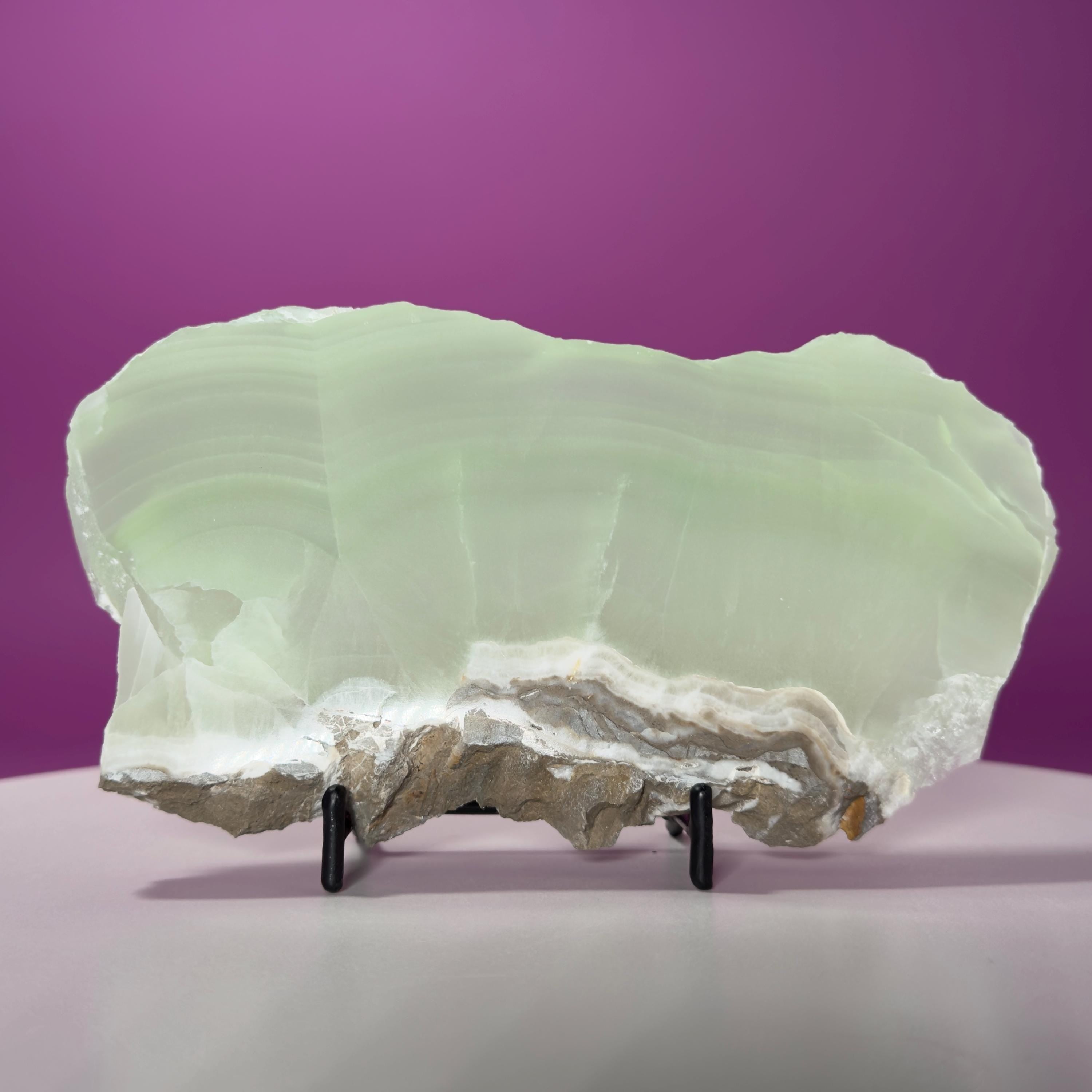 Green Calcite Slab from Mexico | UV Reactive Crystal Display | With Metal Stand