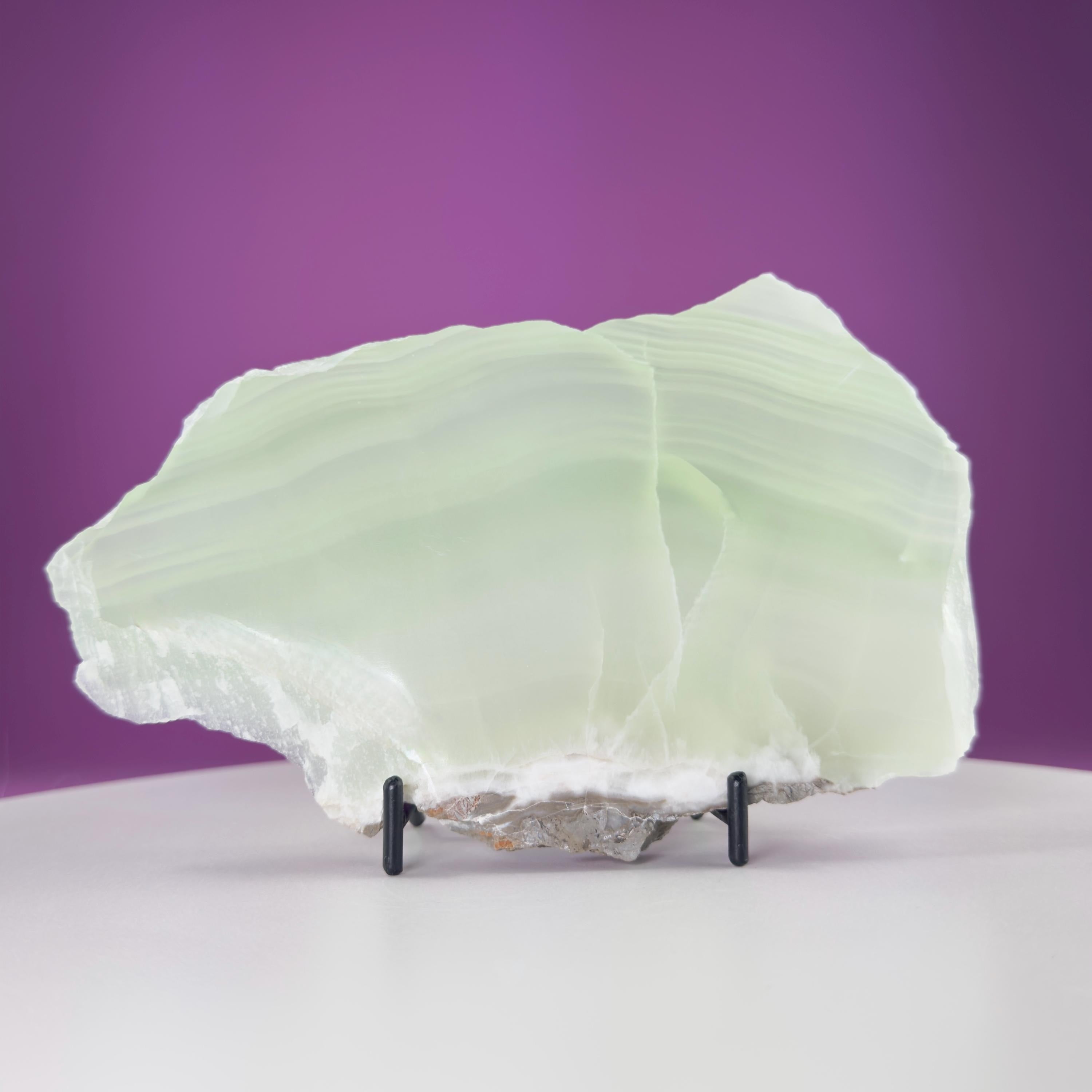 Green Calcite Slab from Mexico | UV Reactive Crystal Display | With Metal Stand