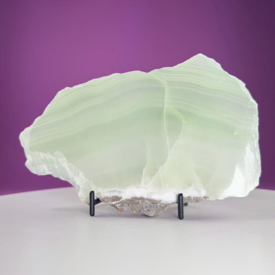 Green Calcite Slab from Mexico | UV Reactive Crystal Display | With Metal Stand