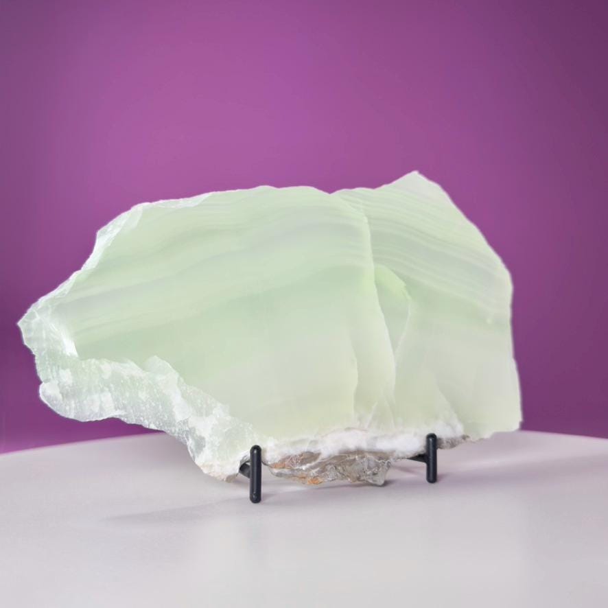 Green Calcite Slab from Mexico | UV Reactive Crystal Display | With Metal Stand