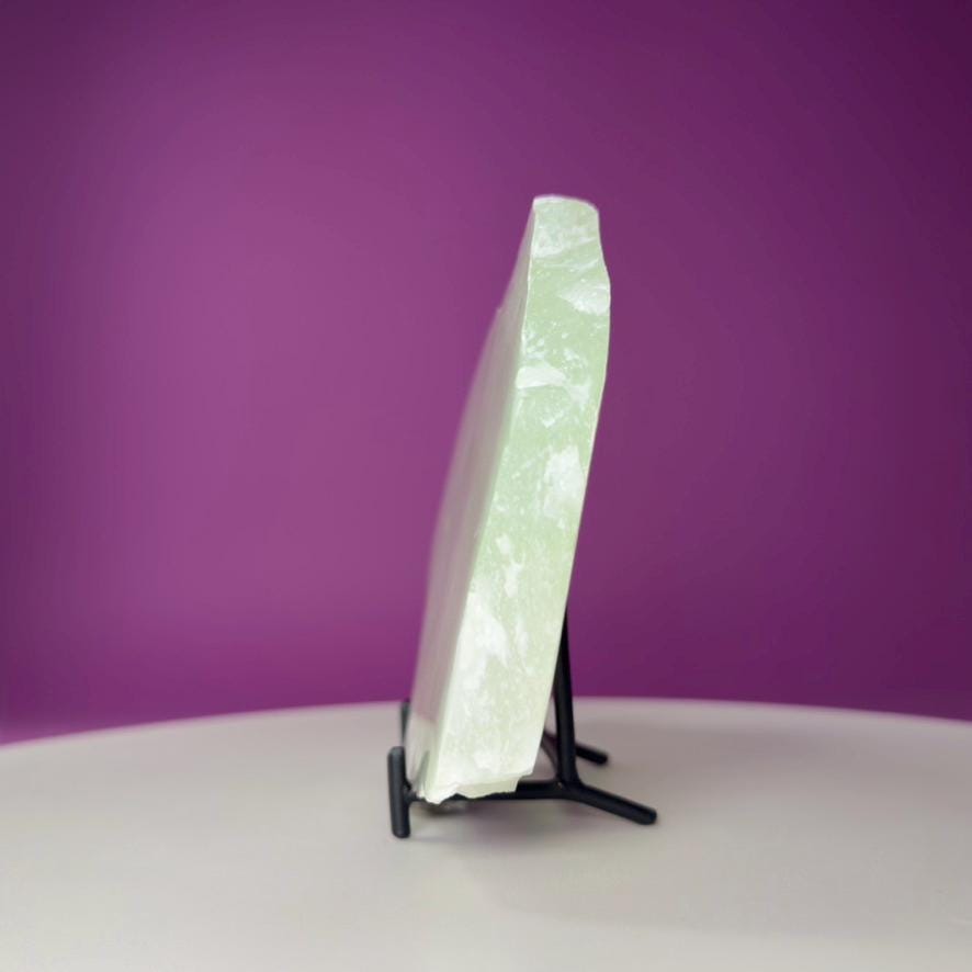 Green Calcite Slab from Mexico | UV Reactive Crystal Display | With Metal Stand