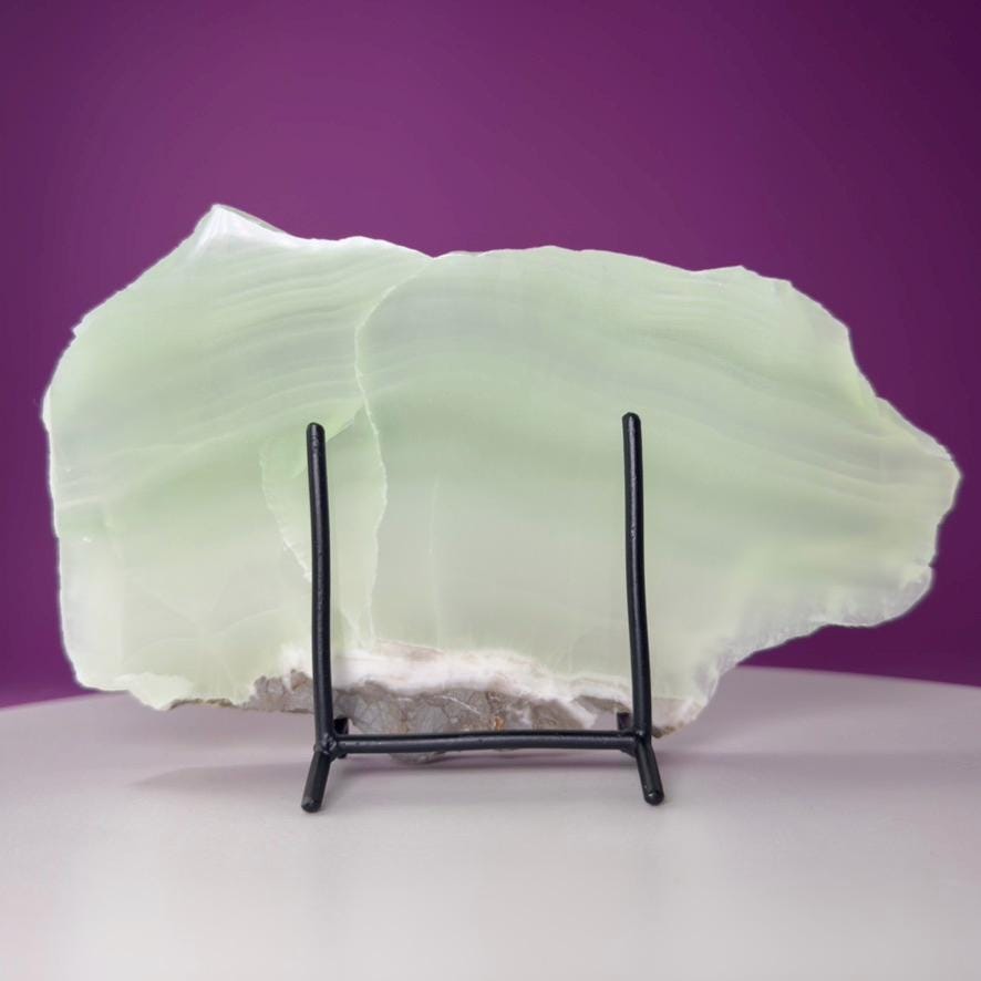 Green Calcite Slab from Mexico | UV Reactive Crystal Display | With Metal Stand
