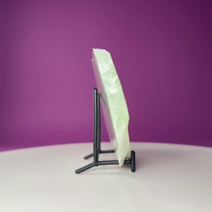 Green Calcite Slab from Mexico | UV Reactive Crystal Display | With Metal Stand