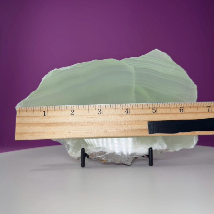 Green Calcite Slab from Mexico | UV Reactive Crystal Display | With Metal Stand