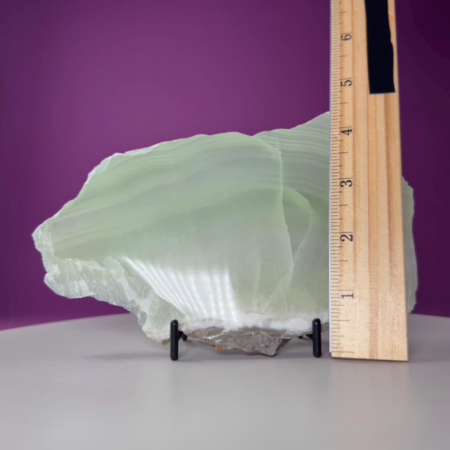 Green Calcite Slab from Mexico | UV Reactive Crystal Display | With Metal Stand
