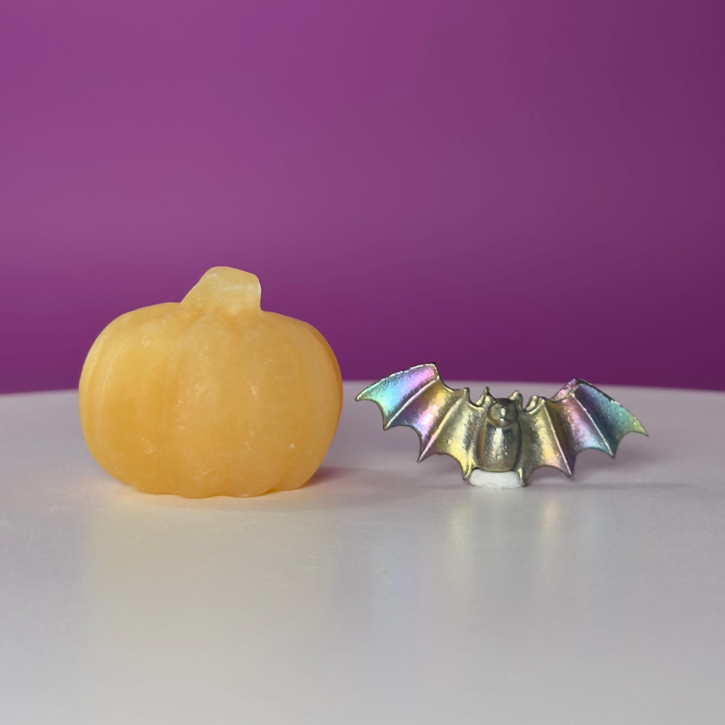 Orange Calcite Pumpkin & Aura Bismuth Bat Halloween Crystal Decor Set