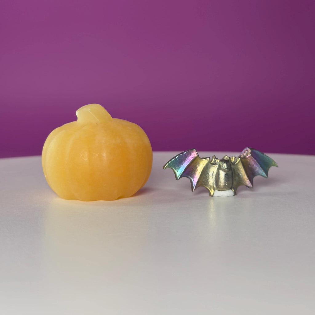 Orange Calcite Pumpkin & Aura Bismuth Bat Halloween Crystal Decor Set