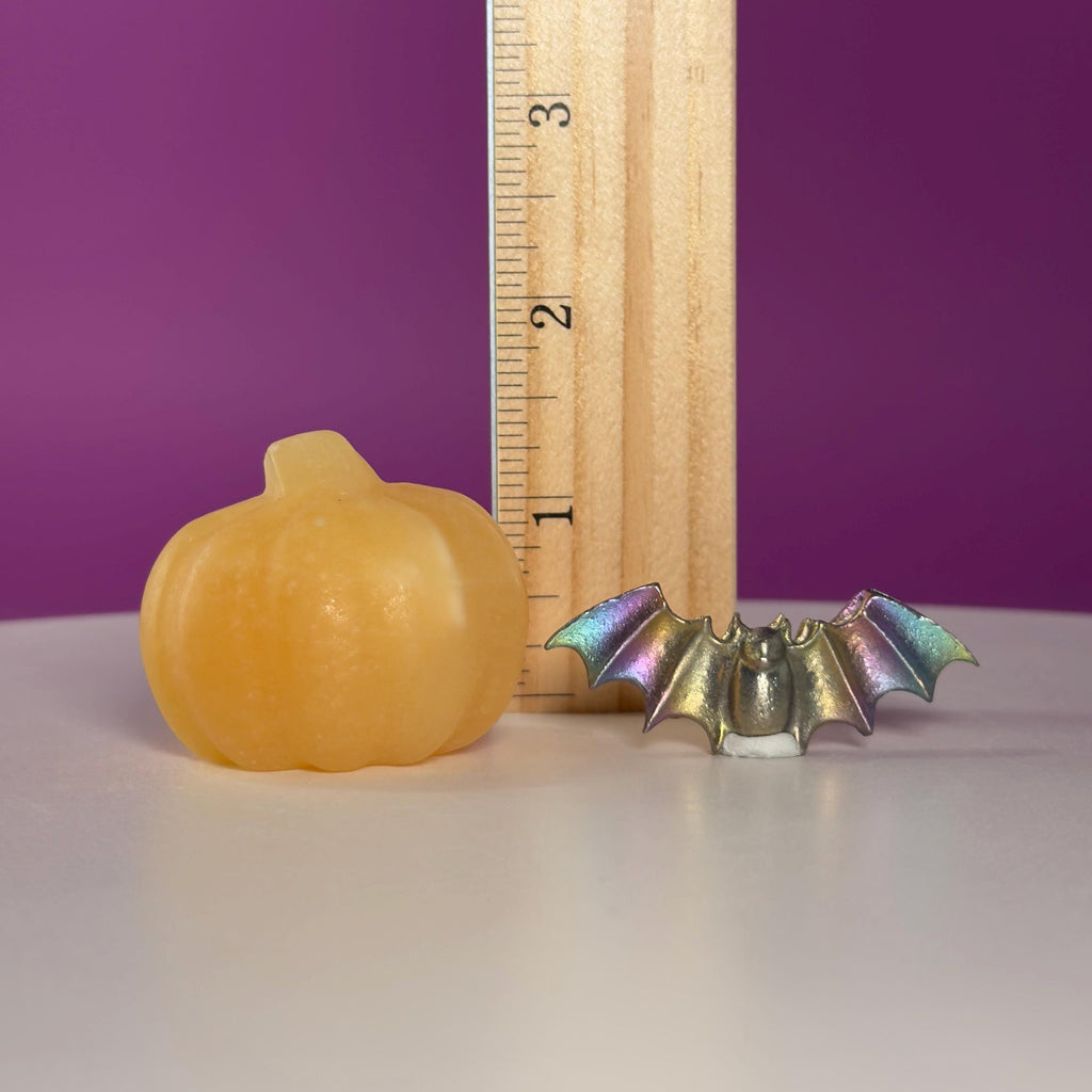 Orange Calcite Pumpkin & Aura Bismuth Bat Halloween Crystal Decor Set