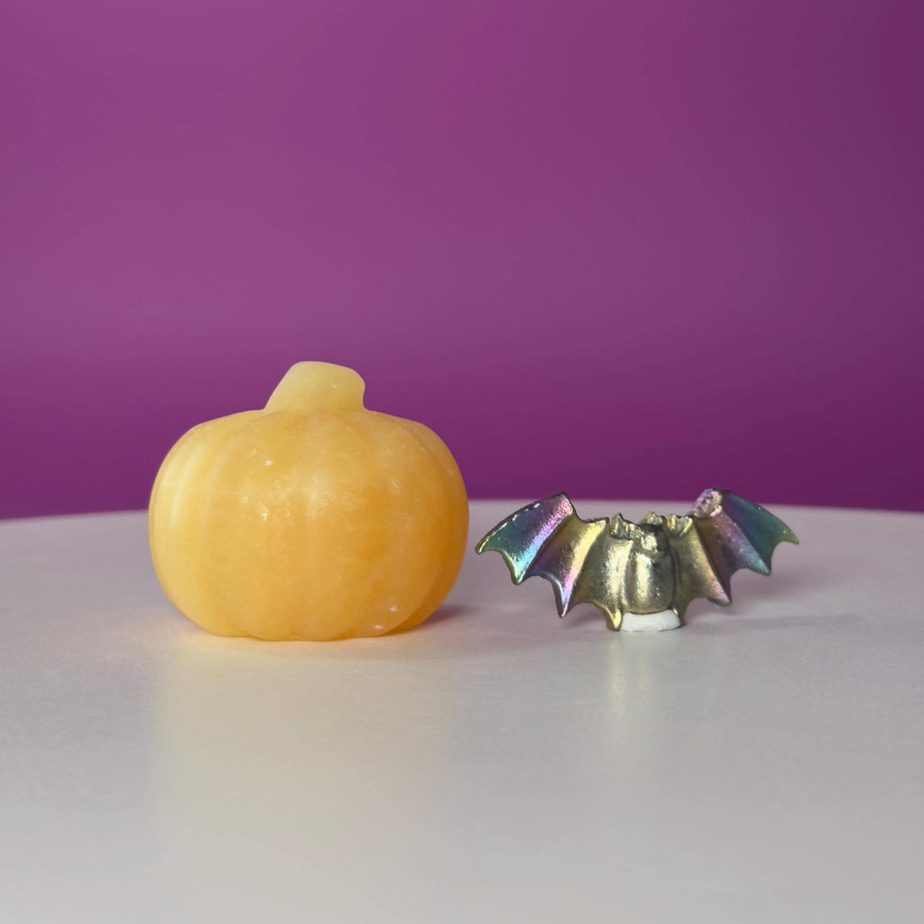 Orange Calcite Pumpkin & Aura Bismuth Bat Halloween Crystal Decor Set