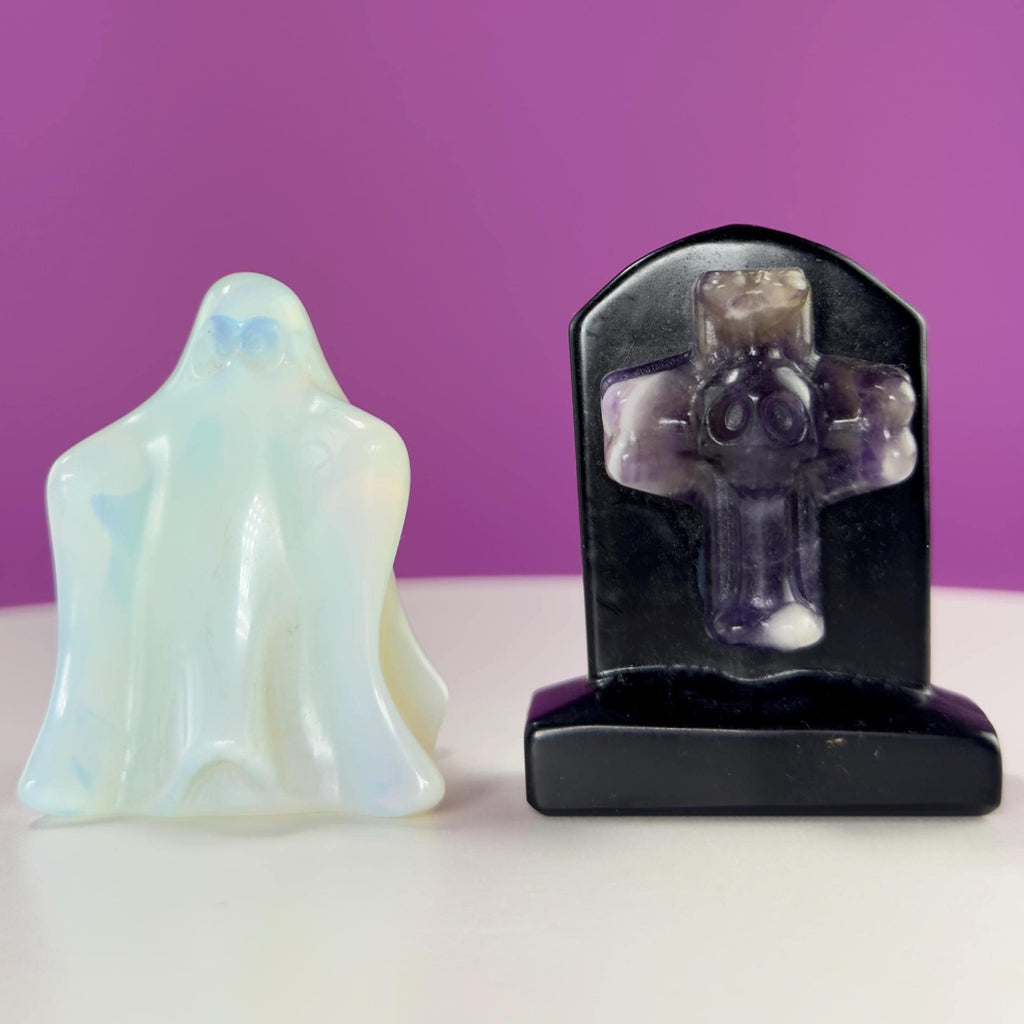 Opalite Ghost & Obsidian Headstone with Amethyst Skull Cross Set